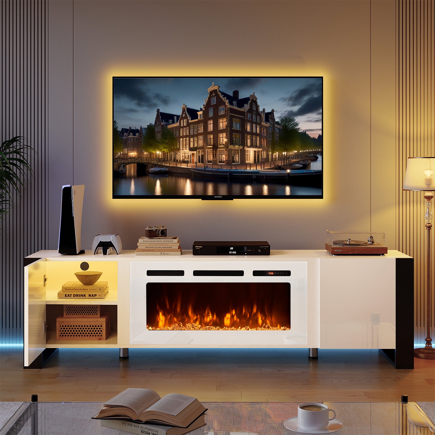 Fireplace TV Stand for TVs up to 80", 70" TV Stand with 36" Electric Fireplace, Entertainment Center with LED Lights, White & White