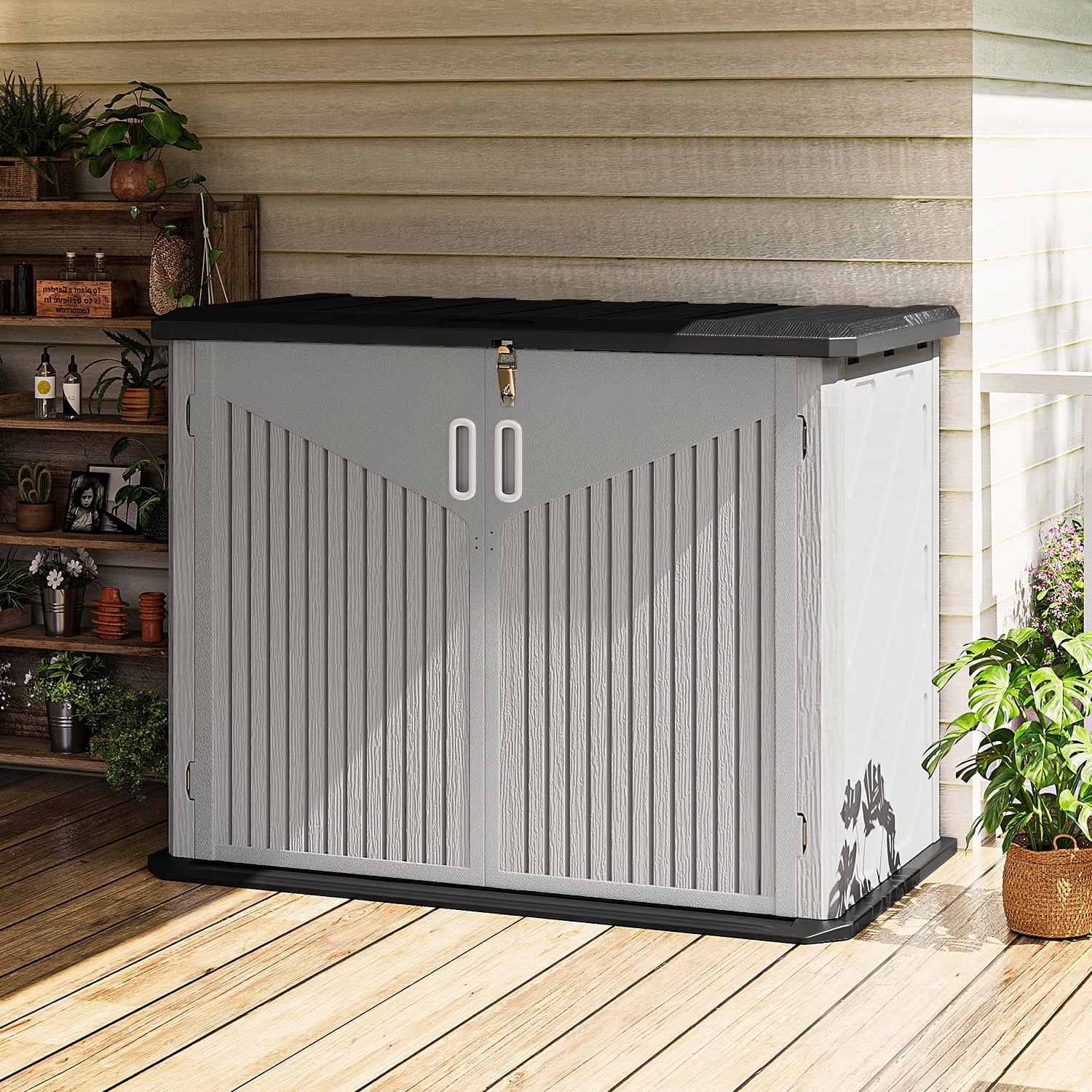 Horizontal Storage Shed 35 Cu.Ft, Outdoor Trash Can Storage Shed Waterproof, Resin，White