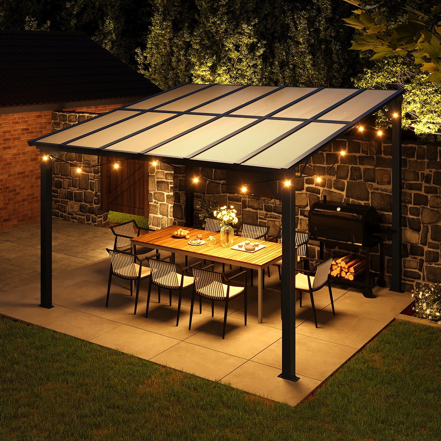 Sunmthink Outdoor Hardtop Gazebo for Patio 10' x 12', Wall-Mounted Lean to Gazebo Pergola with Roof