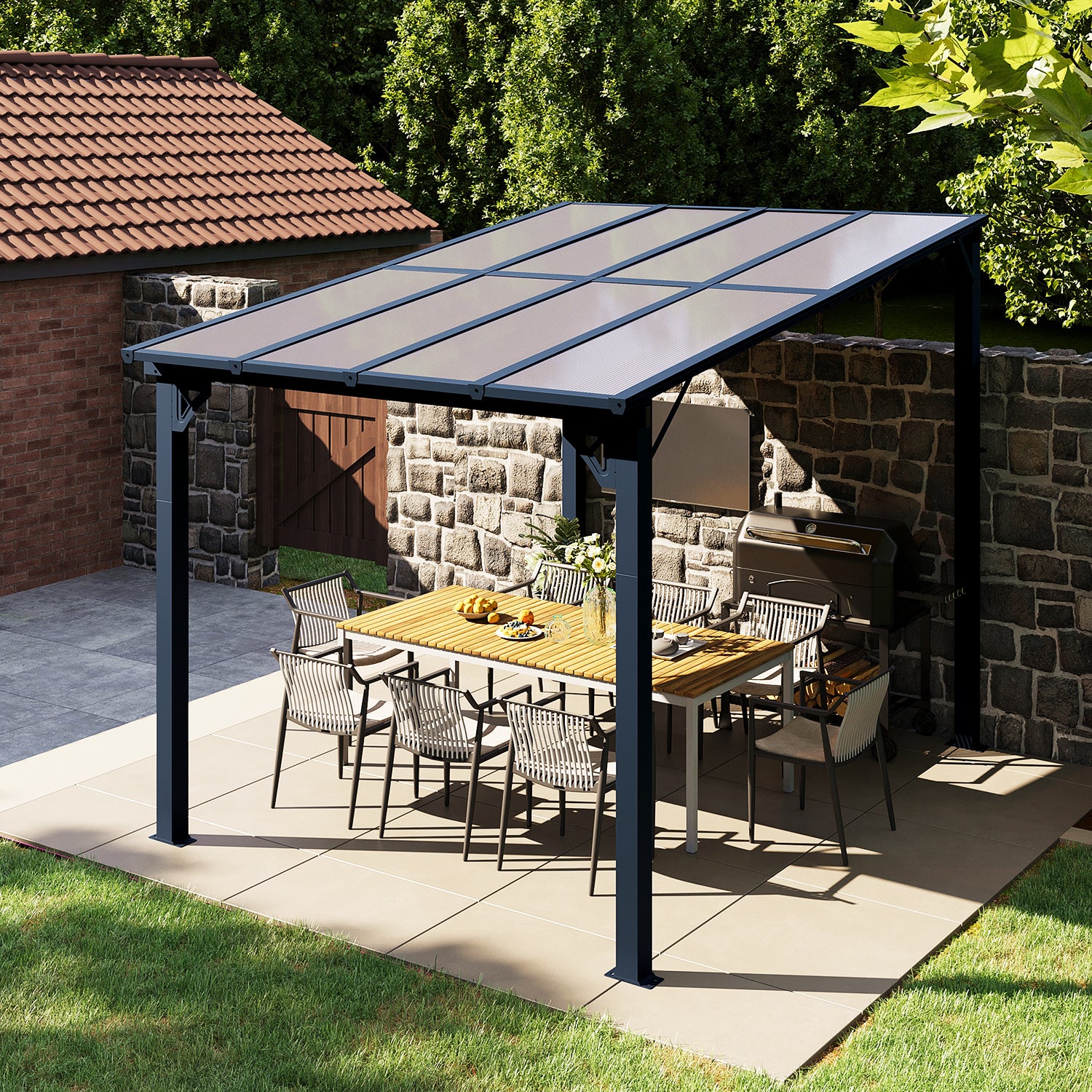 Outdoor Hardtop Gazebo for Patio 10' x 8', Small Wall-Mounted Lean to Gazebo Pergola with Roof