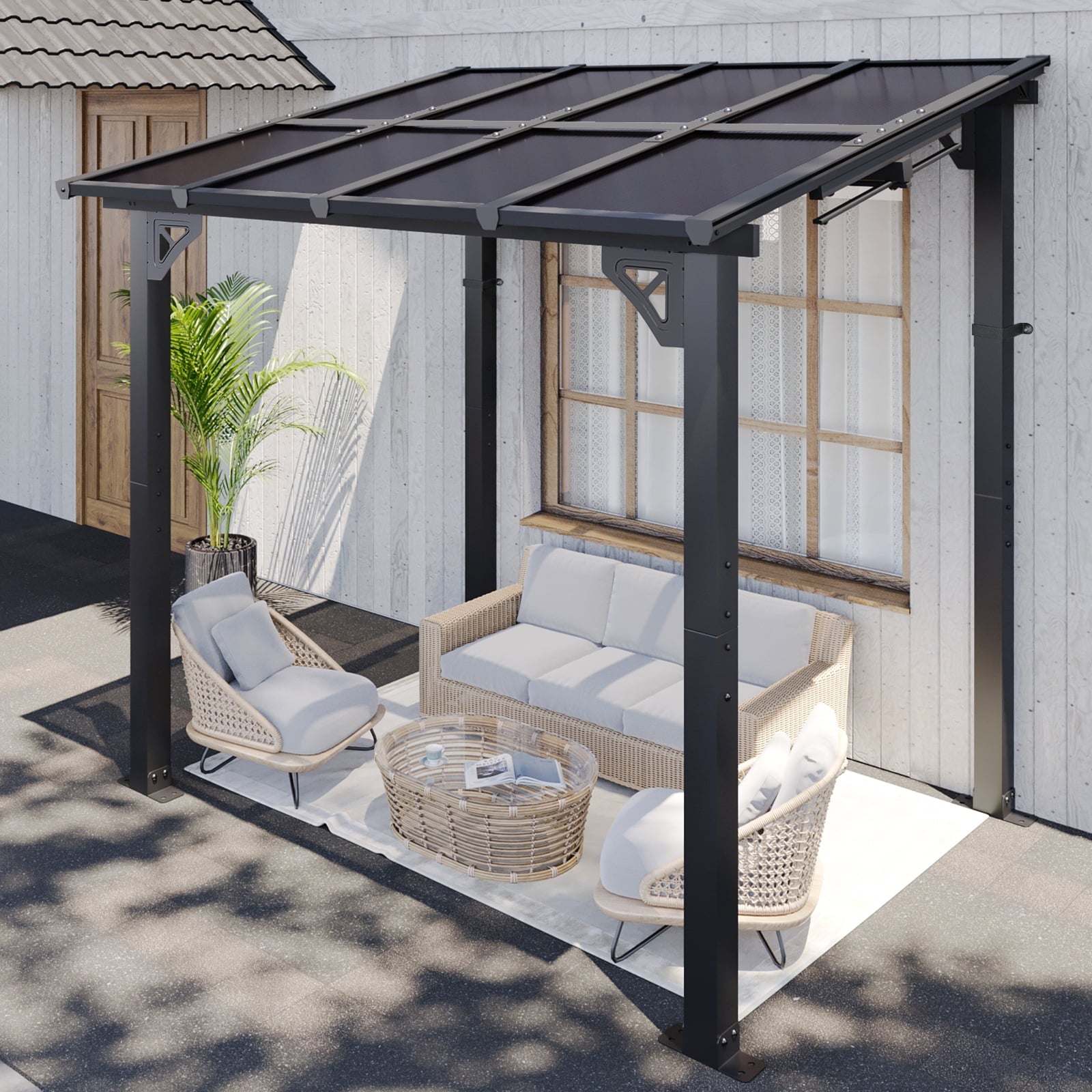 Hardtop Gazebo for Patio 6' x 8', Small Wall-Mounted Lean to Gazebo Pergola with Roof