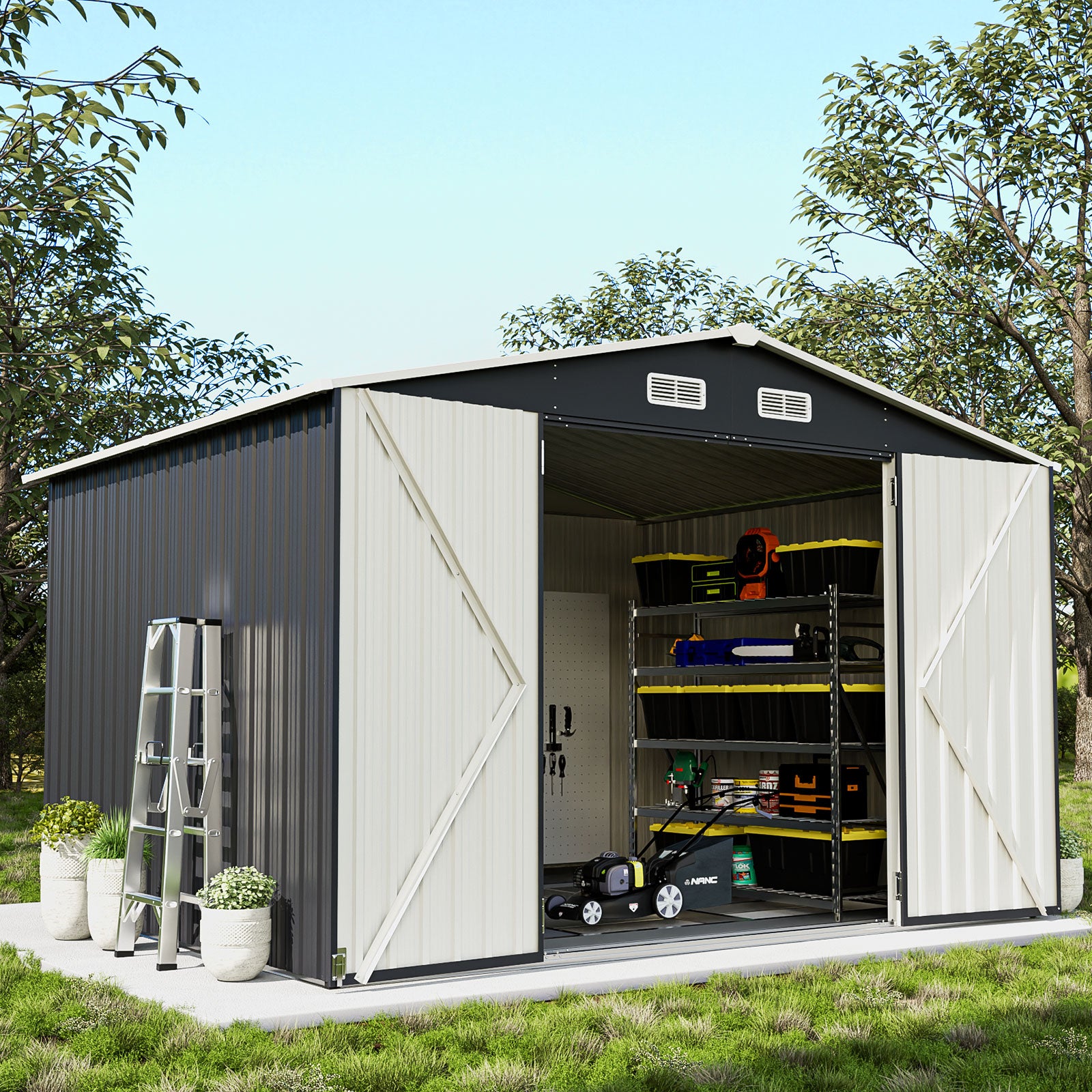 Outdoor Storage Shed, Metal Shed with Lockable Door & Air Vent for Backyard, Garden, Black