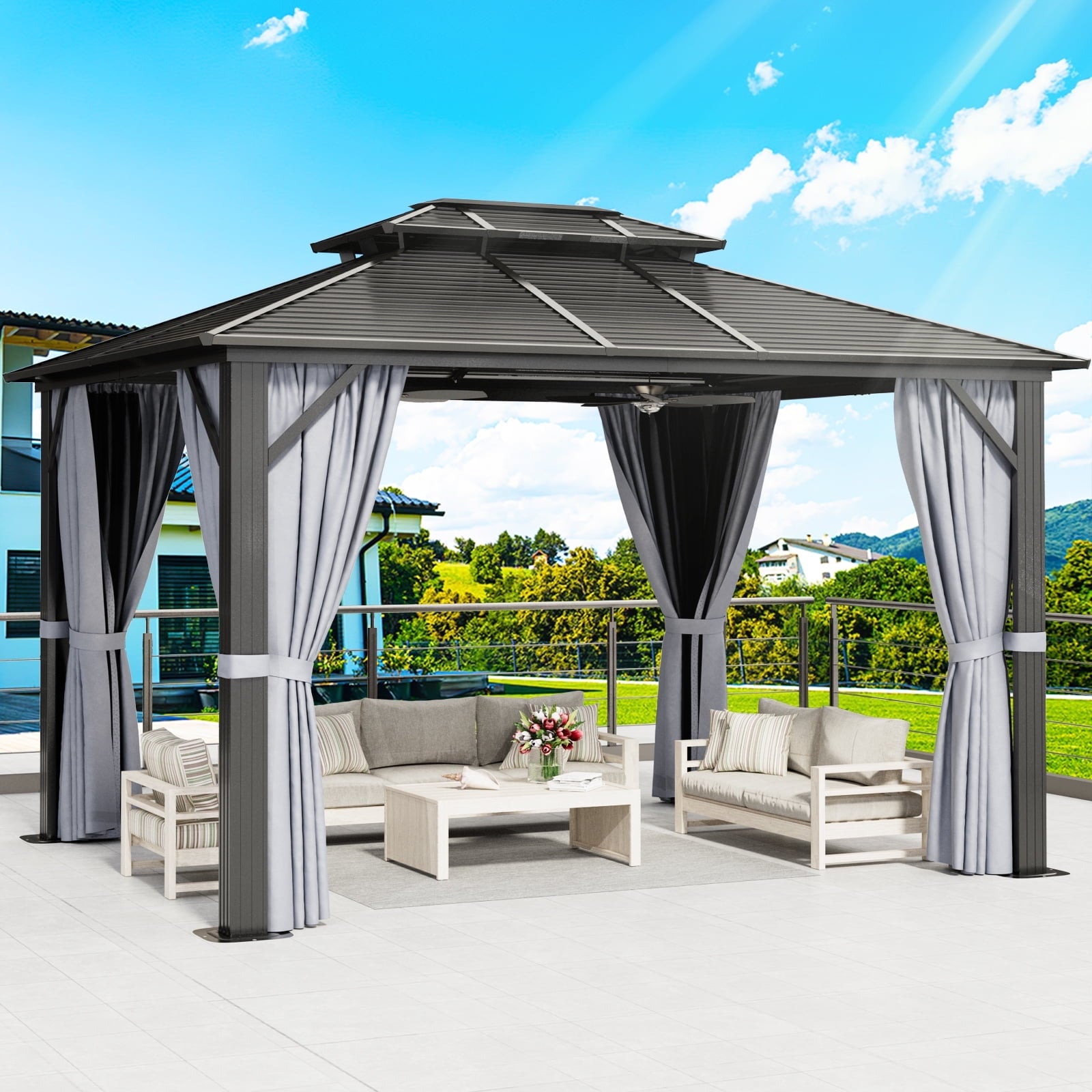 10x12 ft. Hardtop Gazebos, Double Roof Galvanized Steel Outdoor Aluminum Frame Canopy with Netting and Curtains, Grey