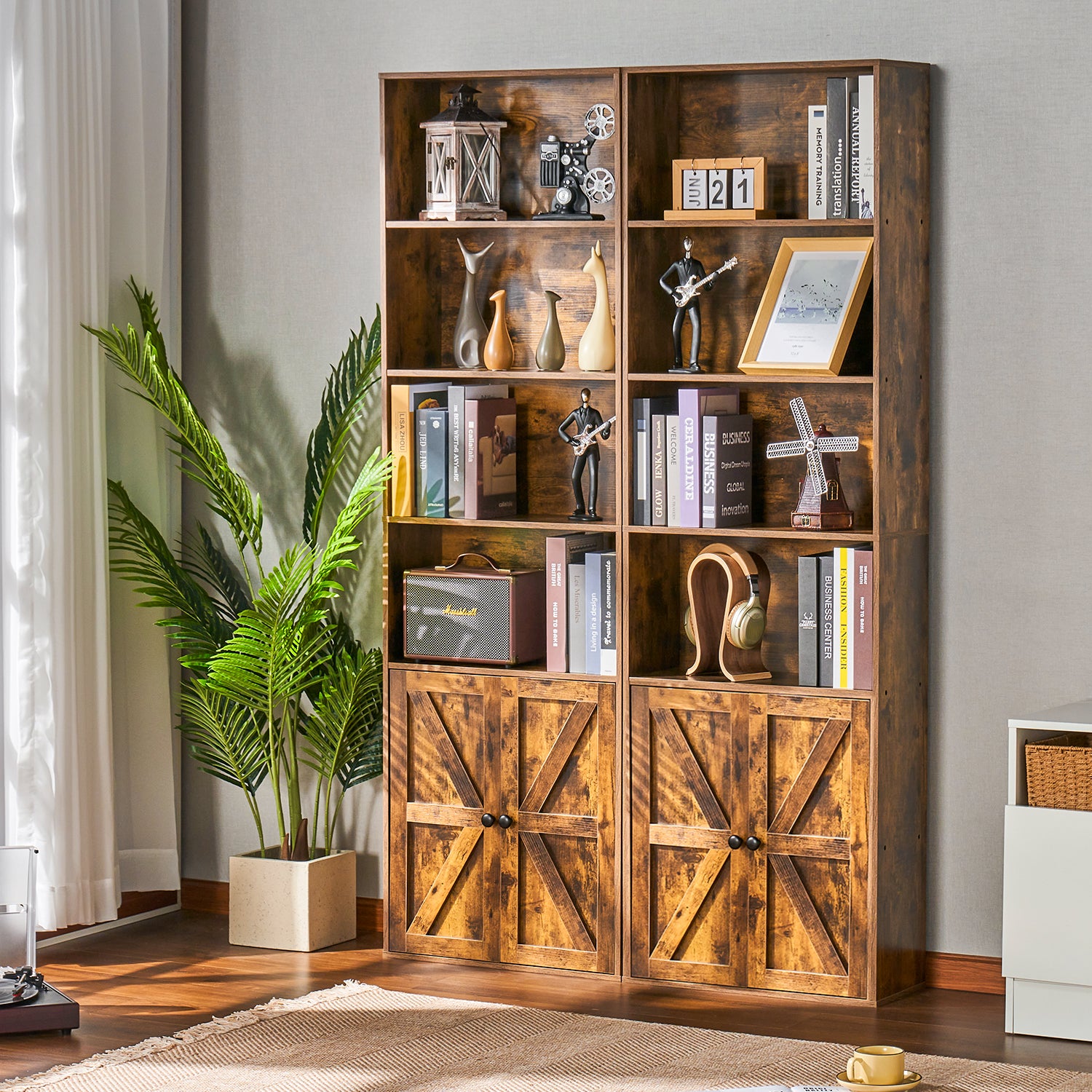 6 Shelf Bookcase with Doors 71in Tall Bookshelf for Home Office, Brown