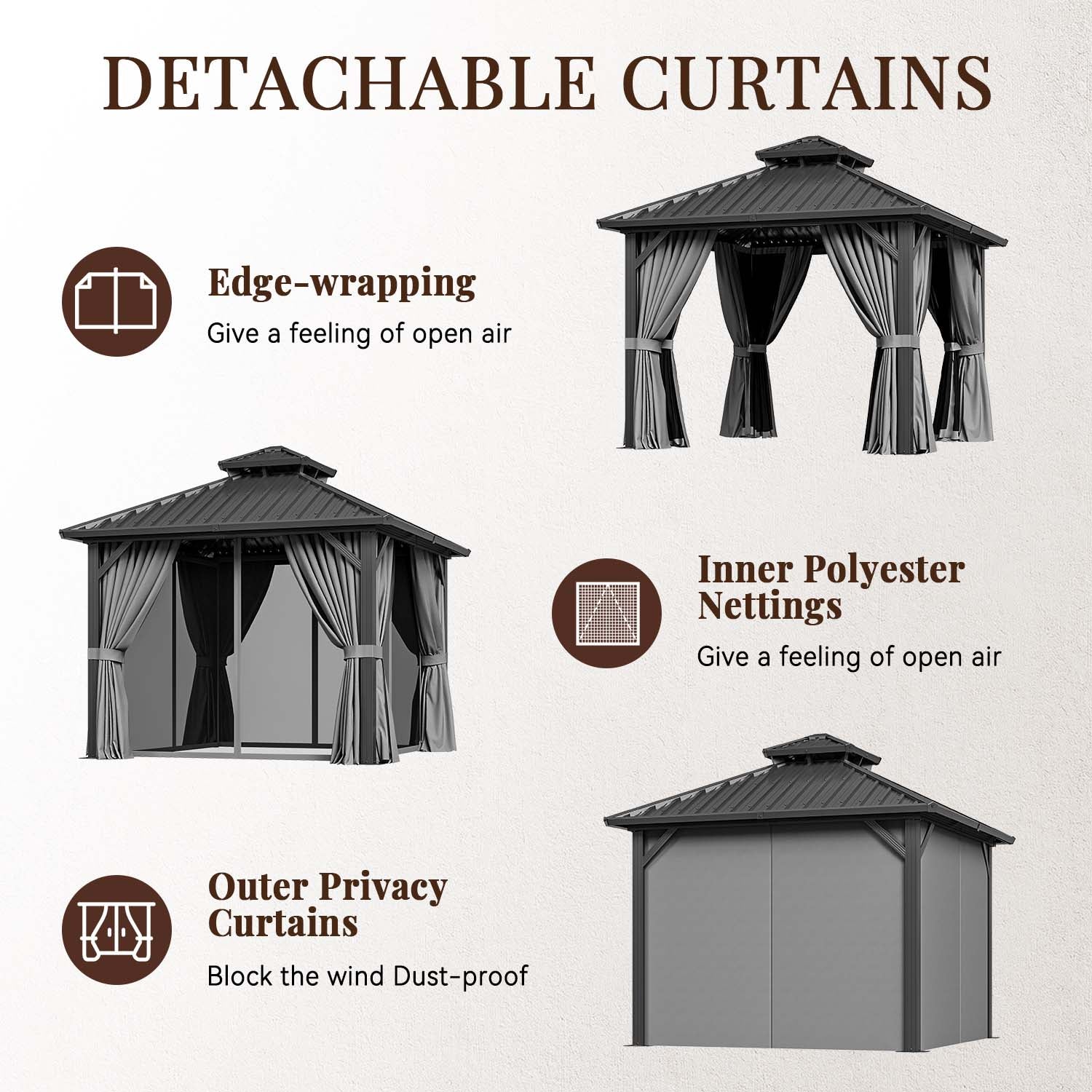 10' x 10' Hardtop Gazebo, Aluminum Frame Permanent Pavilion Double Galvanized Metal Roof with Curtains and Hooks for Garden, Patio, Backyard, Gray