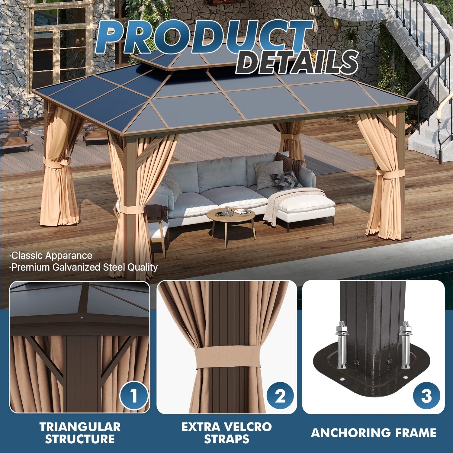 Sunmthink 12'x16' Hardtop Steel Gazebo - Durable Polycarbonate Double-Roof Design with Included Privacy Curtains & Bug Netting - Ideal for Gardens, Patios and Backyards (Brown)