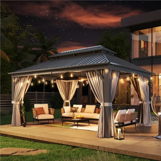 12' x 16' Outdoor Hardtop Gazebo, 2-Tier Galvanized Steel Roof Gazebo Aluminum Frame Permanent Pergolas with Netting and Curtains for Patio, Backyard, Garden, Lawns, Gray