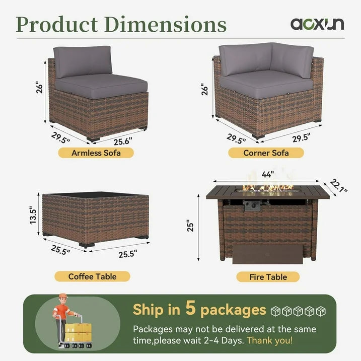 Aoxun 15 Piece Patio Furniture Set with 44” Fire Pit Table Wicker Rattan Outdoor Sectional Sofa Set with Coffee Table and 4” Thickened Cushions, Gray (Waterproof Cover Included)