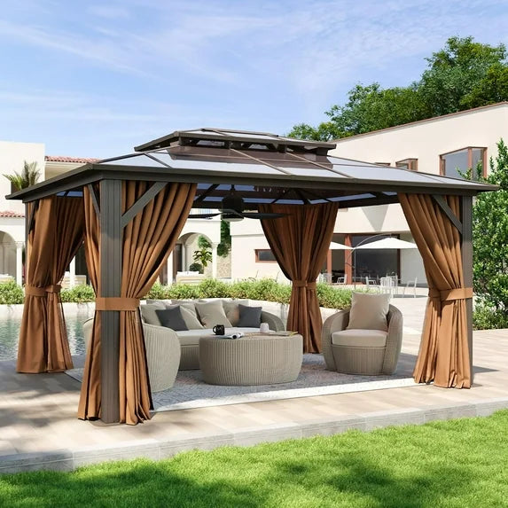 Aoxun 12'x14' Hardtop Gazebo, Aluminum Frame Permanent Pavilion with Curtains and Netting, Outdoor Polycarbonate Double Roof Canopy, Designed for Garden, Brown