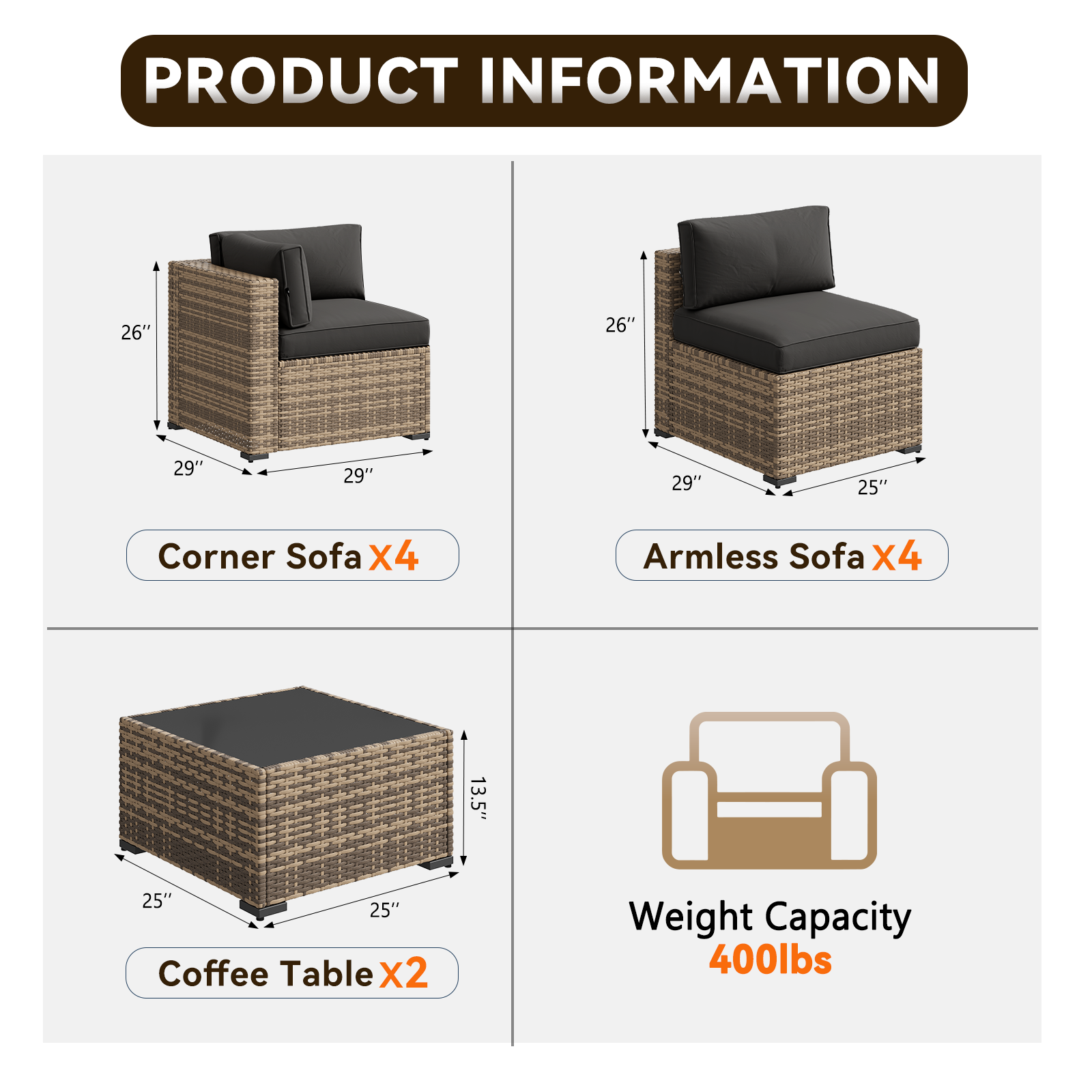 Aoxun Patio Furniture Sets Wicker Outdoor Conversation Set Sectional Sofa for Backyard, Poolside, Garden