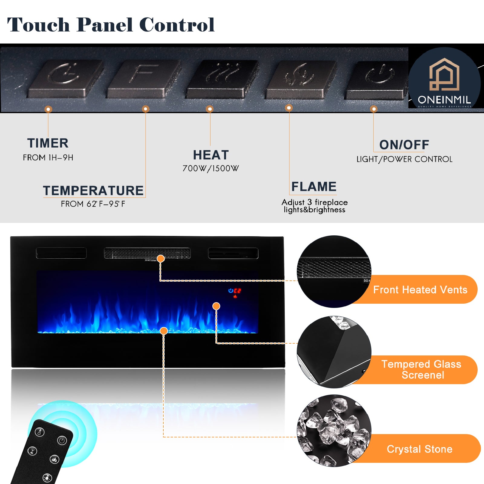 Fireplace TV Stand for TVs up to 80", TV Stand with 36'' Electric Fireplace, LED Lights Entertainment Center, TV Console, Black