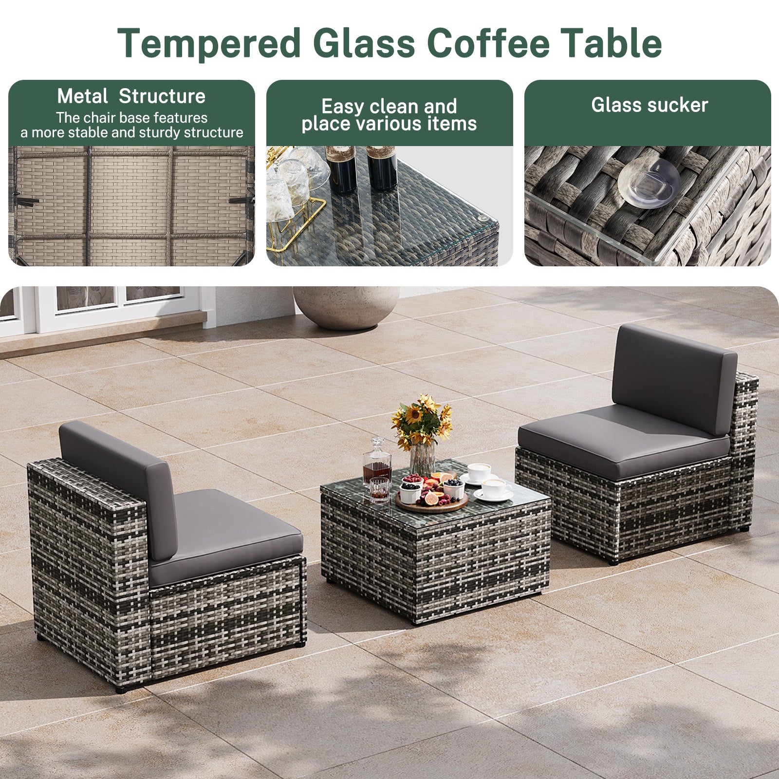 Sunmthink 3 Pcs Patio Furniture Sets with Coffee Table,Patio Conversation Sets,Gray