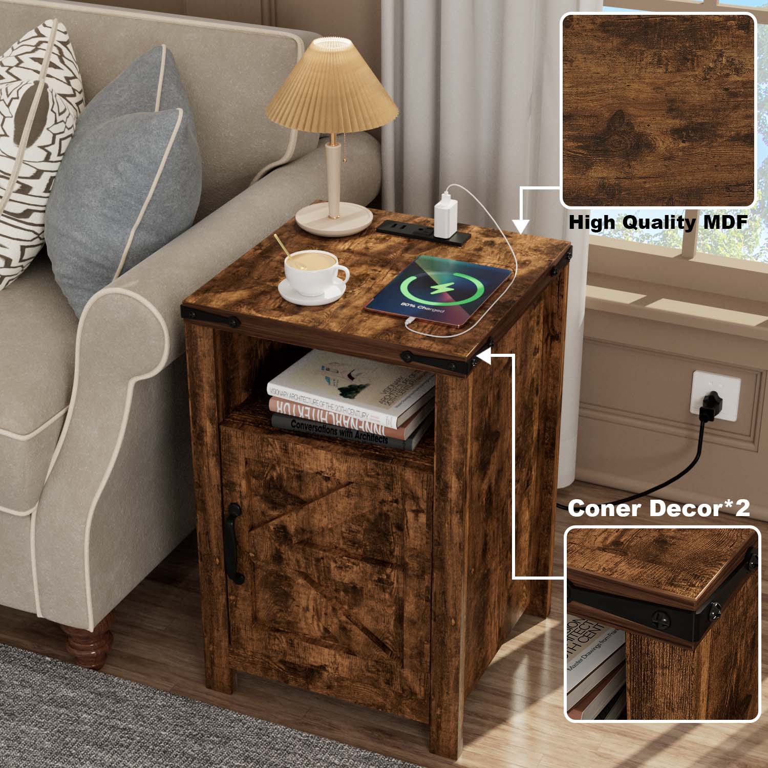 Nightstand with Charging Station 2-Piece Set, Farmhouse End Table with Barn Door, Sofa Side Table with Storage Space, for Livingroom and Bedroom, Brown