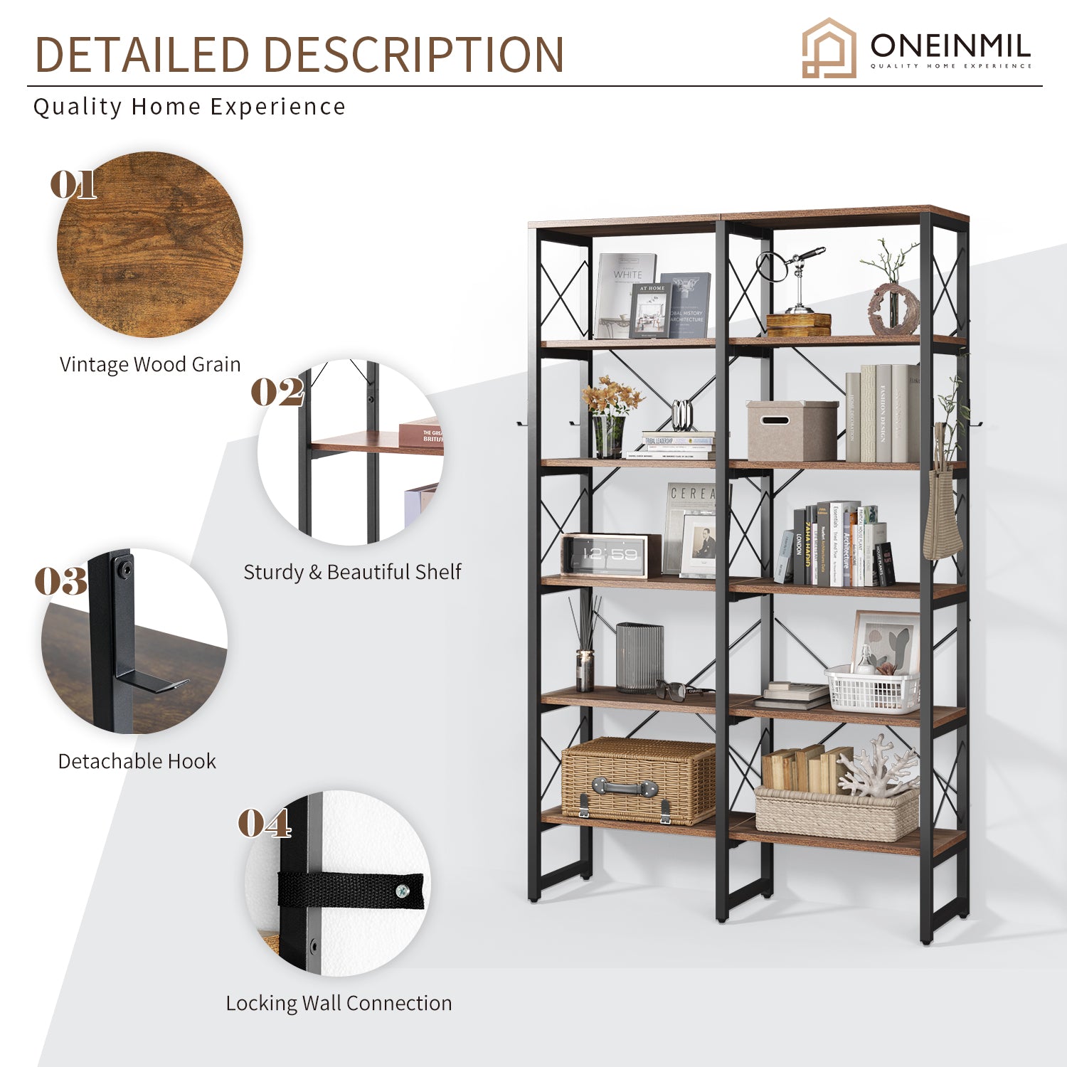 6-Tier Double Wide Bookcase with X-shape Metal Bars and Detachable Boards, Brown