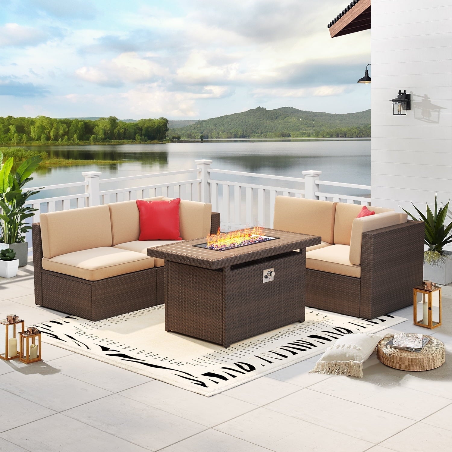 5 Piece Patio Furniture Set, Outdoor Patio Furniture Sets with Fire Pit, Wicker Patio Furniture, Outdoor Conversation Set with Brown Cushions