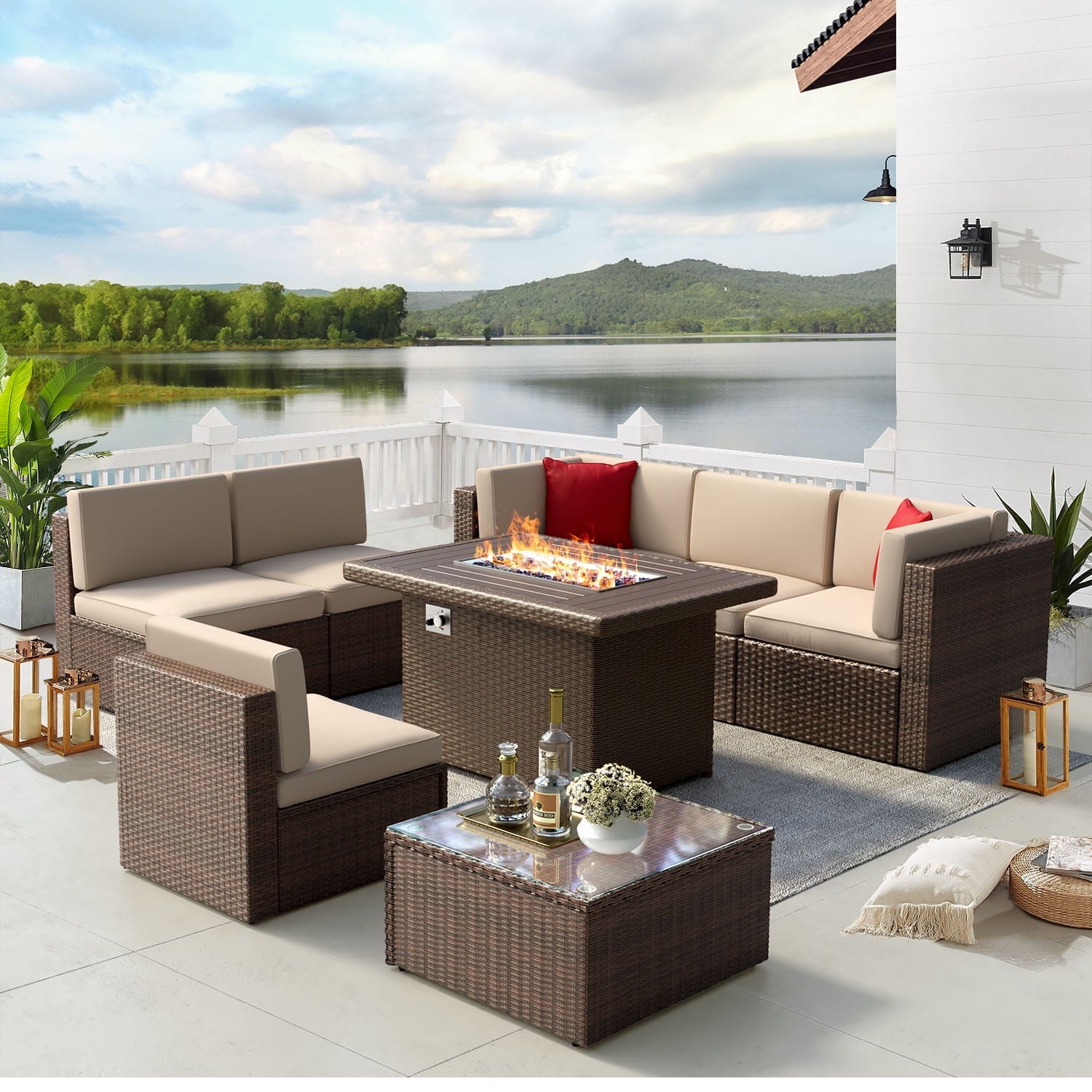 8 PCS Outdoor Patio Furniture Set with 44-inch Fire Pit Table, Brown Cushions