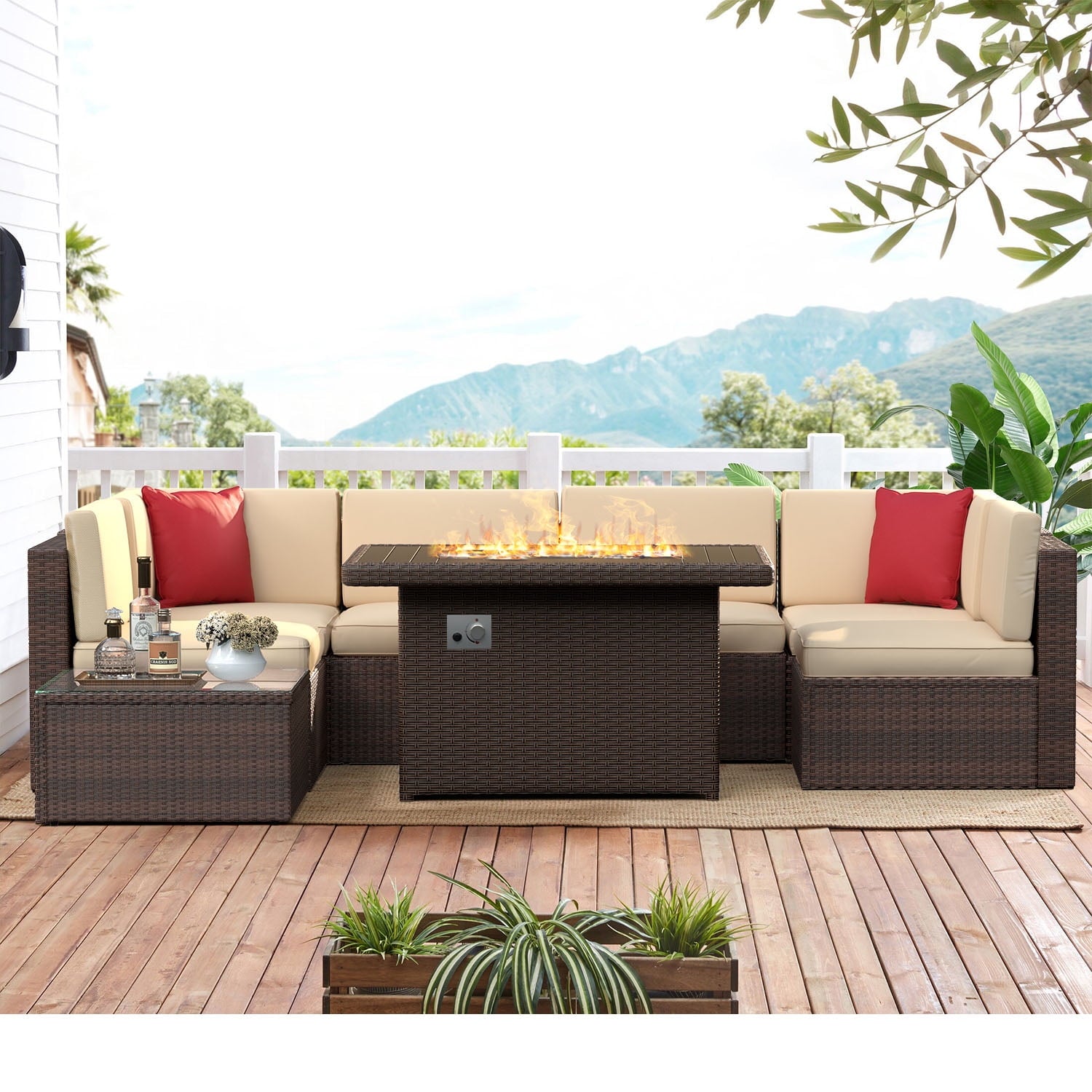 8 PCS Outdoor Patio Furniture Set with 44-inch Fire Pit Table, Brown Cushions