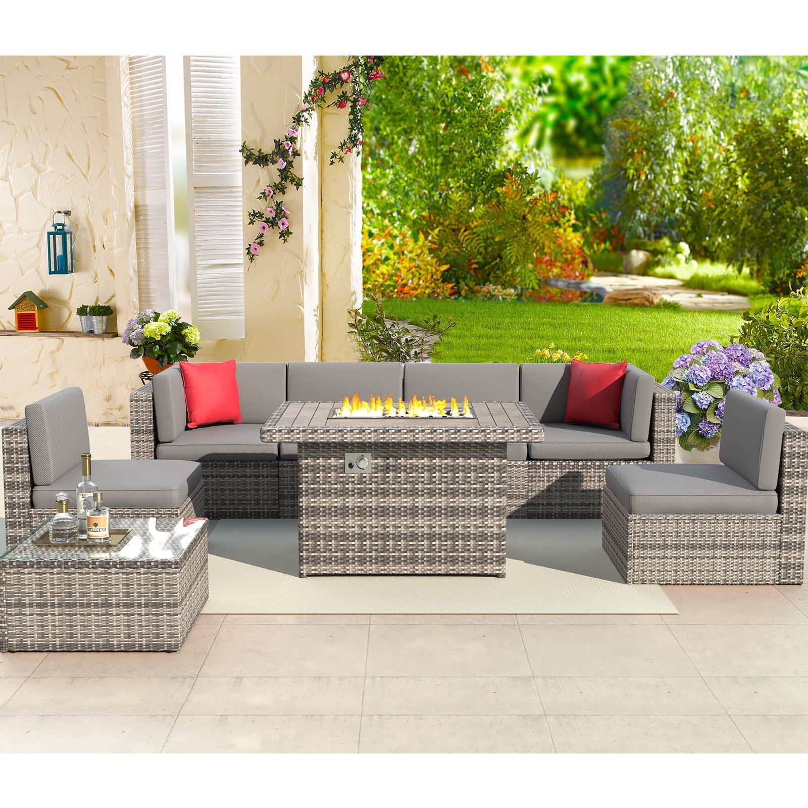 8 PCS Outdoor Patio Furniture Set with 44-inch Fire Pit Table, Gray Cushions