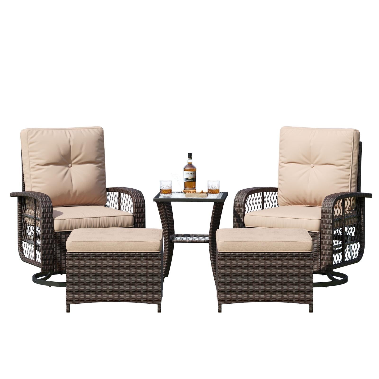 5 Piece Patio Chairs Set, Swivel Rocking Chairs for Patio, Wicker Bistro Set with ith Ottomans and Side Table, Outdoor Swivel Rocker, Beige