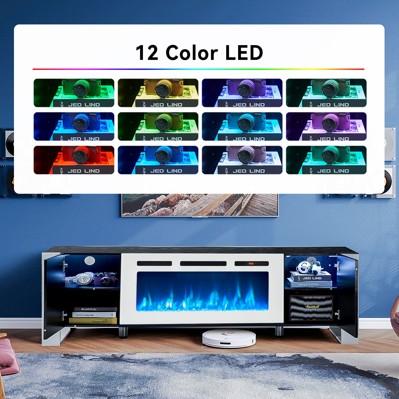 ireplace TV Stand with 36" Fireplace, 70" Modern Entertainment Center LED Lights, Adjustable Legs TV Console Cabinet for TVs Up to 80", Black TV Stand and White Fireplace