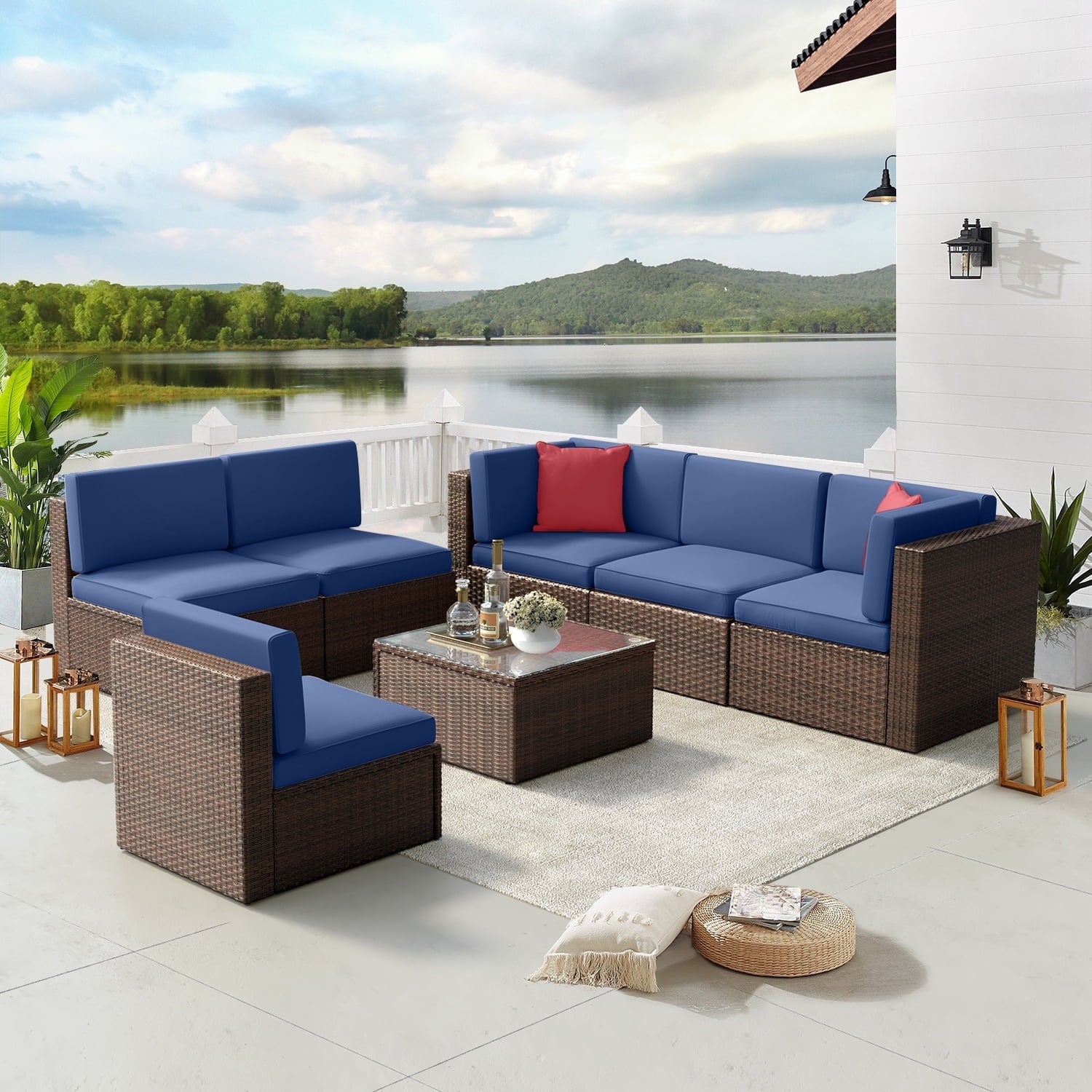 7 Piece Patio Furniture Set, Outdoor Patio Furniture Sets, Wicker Patio Furniture, Outdoor Conversation Set with Blue Cushions