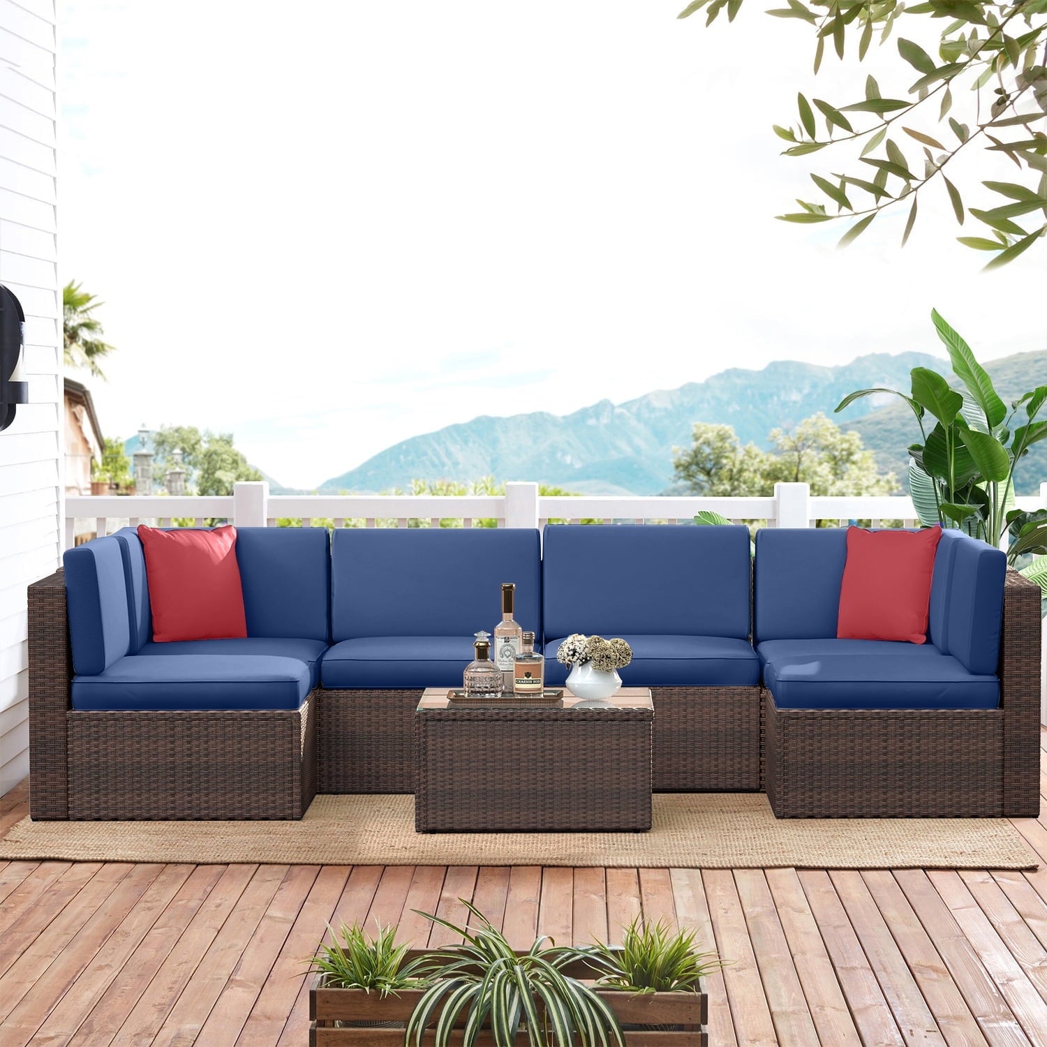 7 Piece Patio Furniture Set, Outdoor Patio Furniture Sets, Wicker Patio Furniture, Outdoor Conversation Set with Blue Cushions