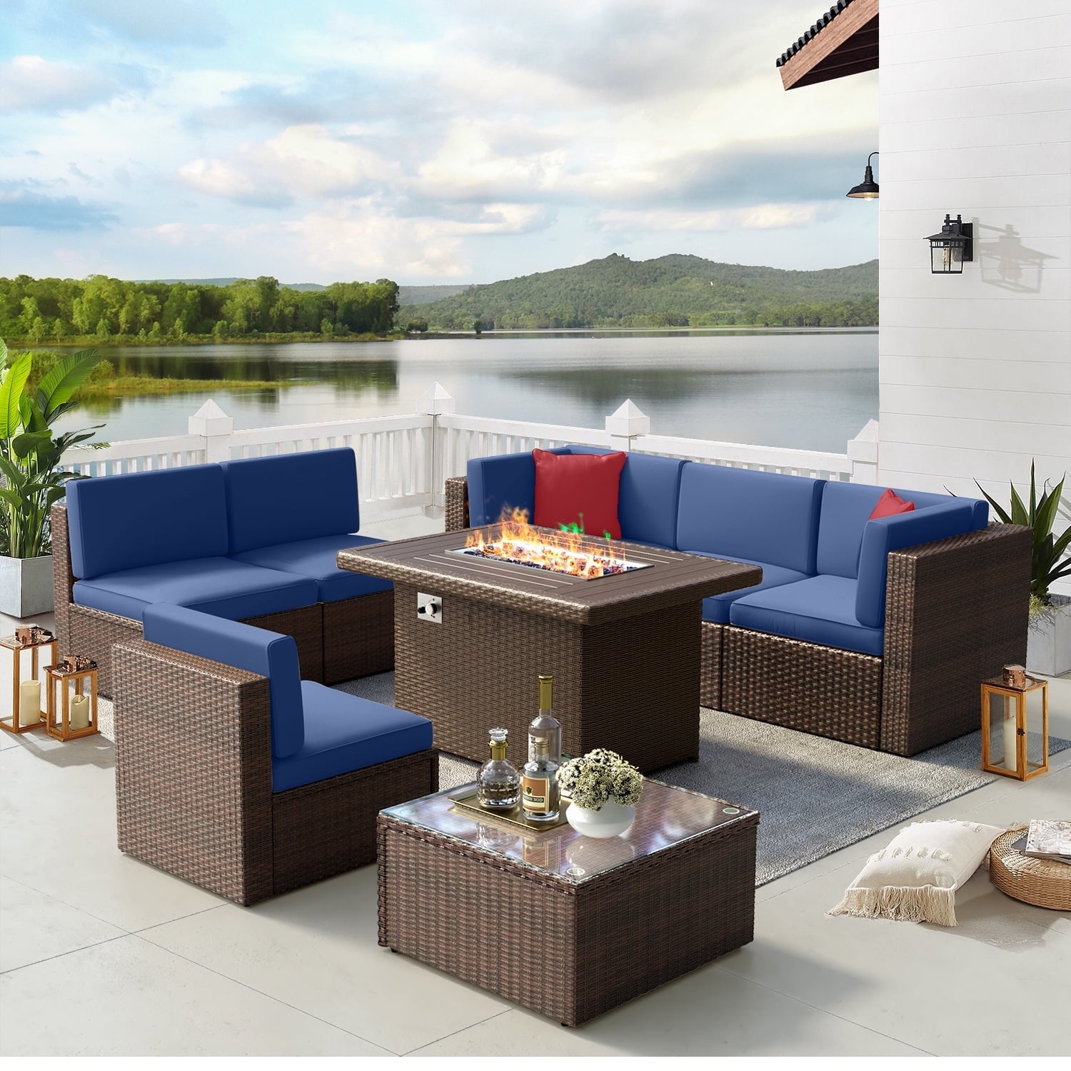 8 Piece Patio Furniture Set, Outdoor Patio Furniture Sets with Fire Pit, Wicker Patio Furniture, Outdoor Conversation Set with Blue Cushions