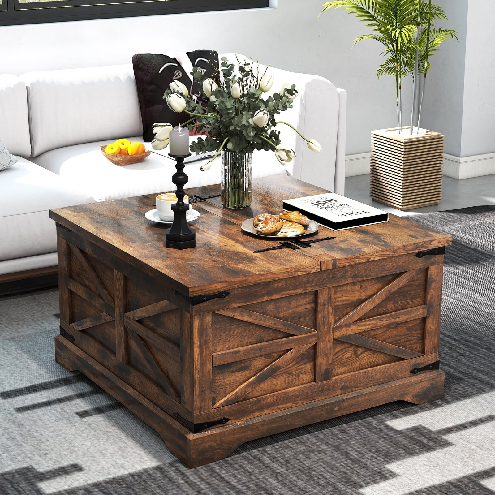 Farmhouse Coffee Table with Storage, Square Coffee Table for Living Room, Brown