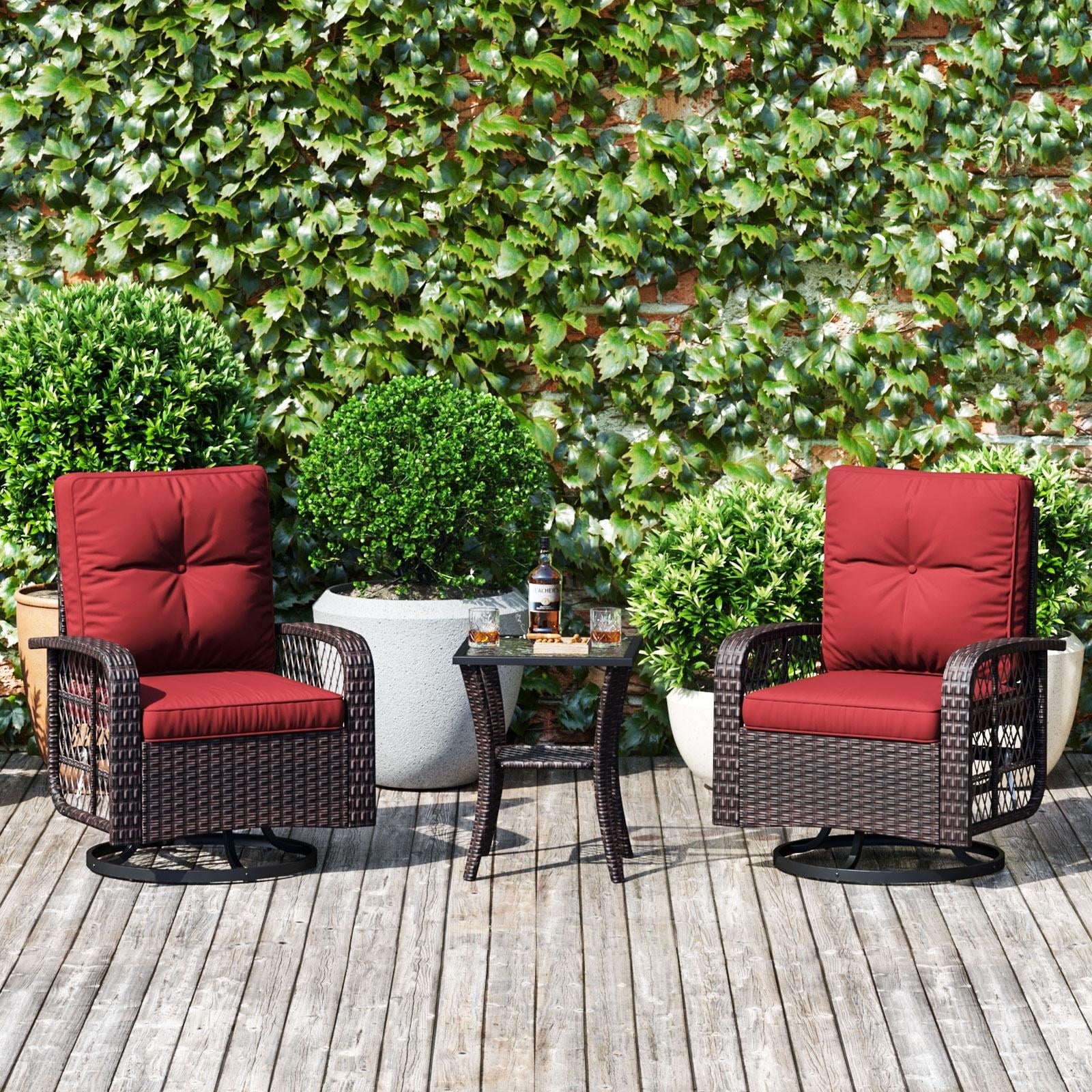 3 Piece Patio Chairs Set, Swivel Rocking Chairs for Patio, Wicker Bistro Set with Red Cushions, Outdoor Swivel Rocker