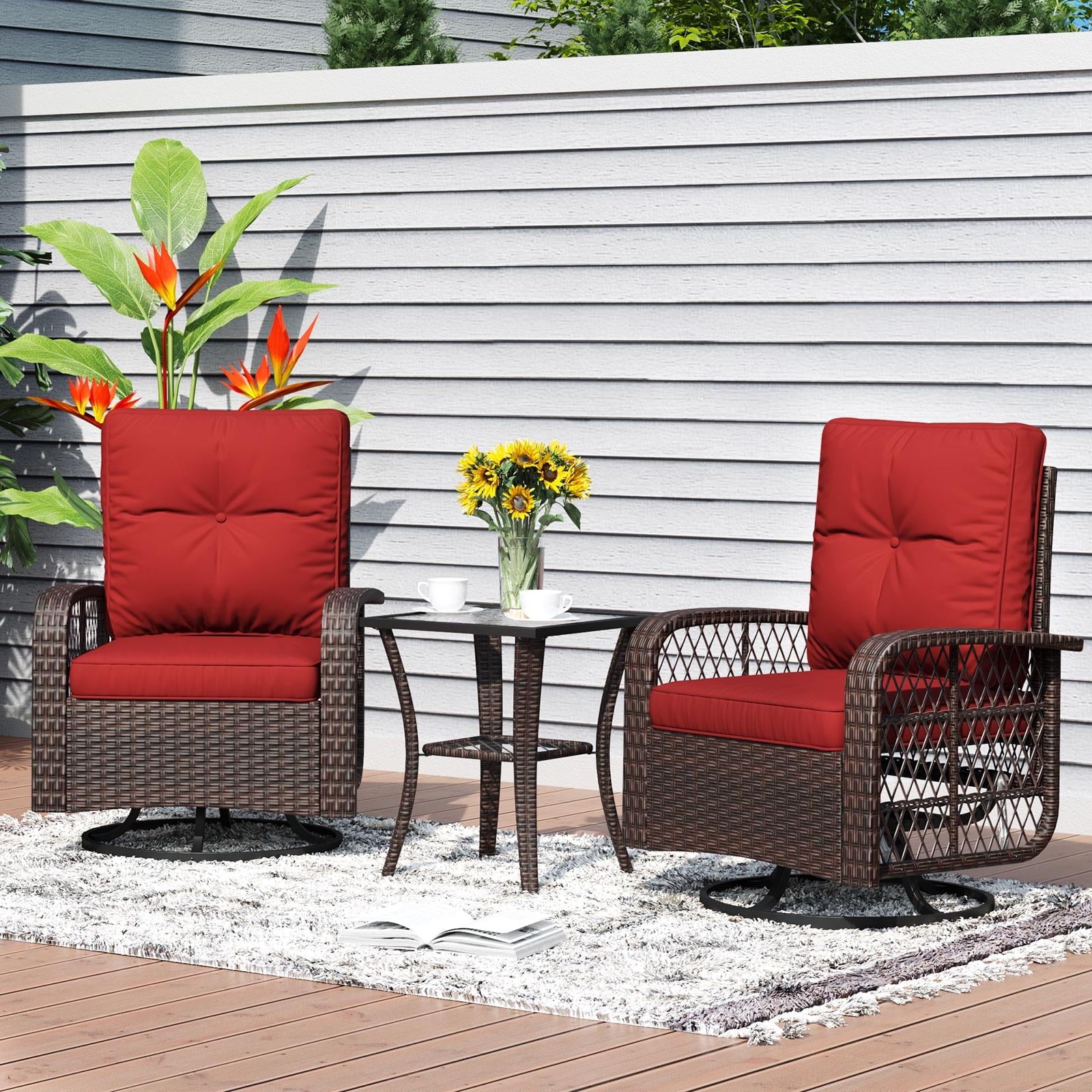 3 Piece Patio Chairs Set, Swivel Rocking Chairs for Patio, Wicker Bistro Set with Red Cushions, Outdoor Swivel Rocker