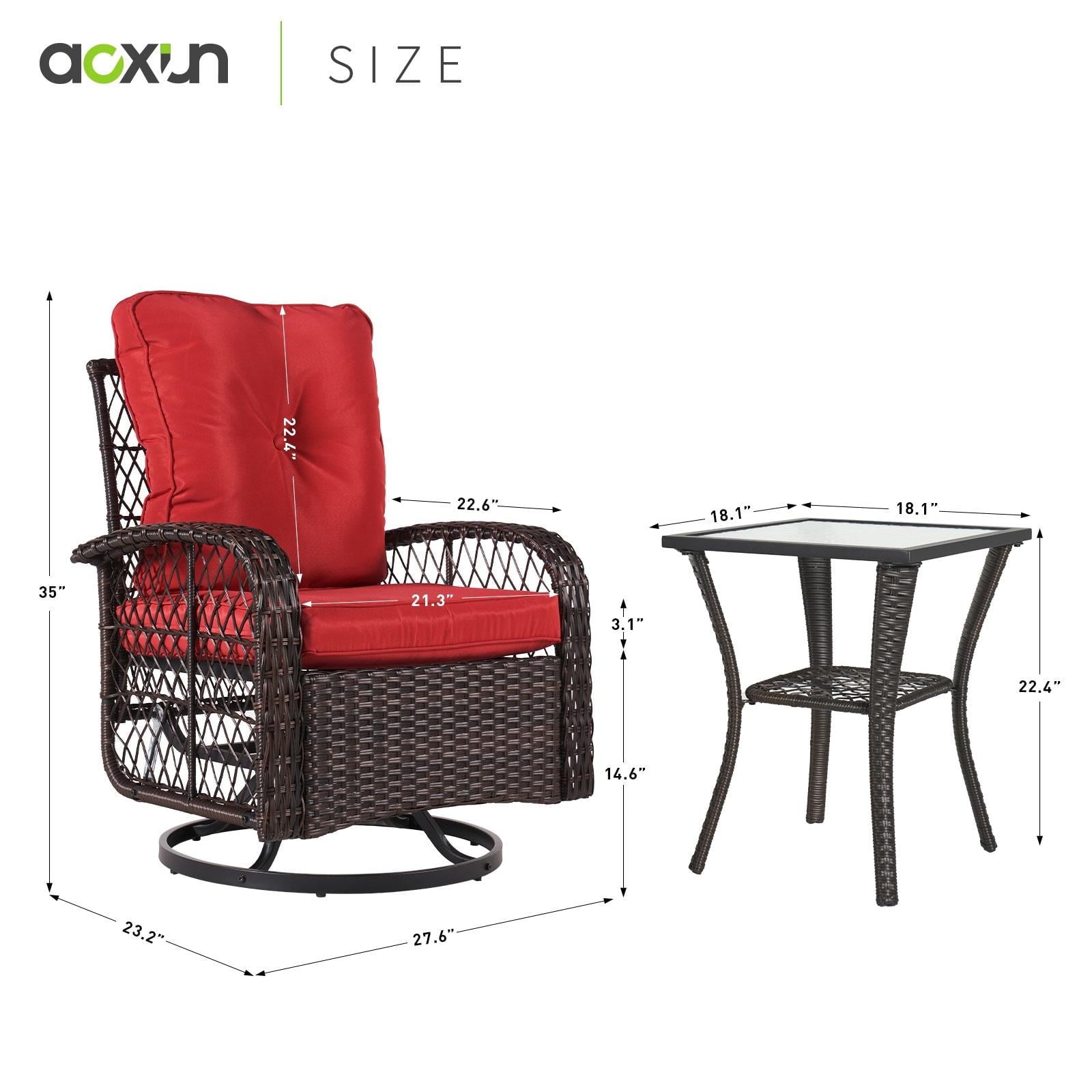 3 Piece Patio Chairs Set, Swivel Rocking Chairs for Patio, Wicker Bistro Set with Red Cushions, Outdoor Swivel Rocker