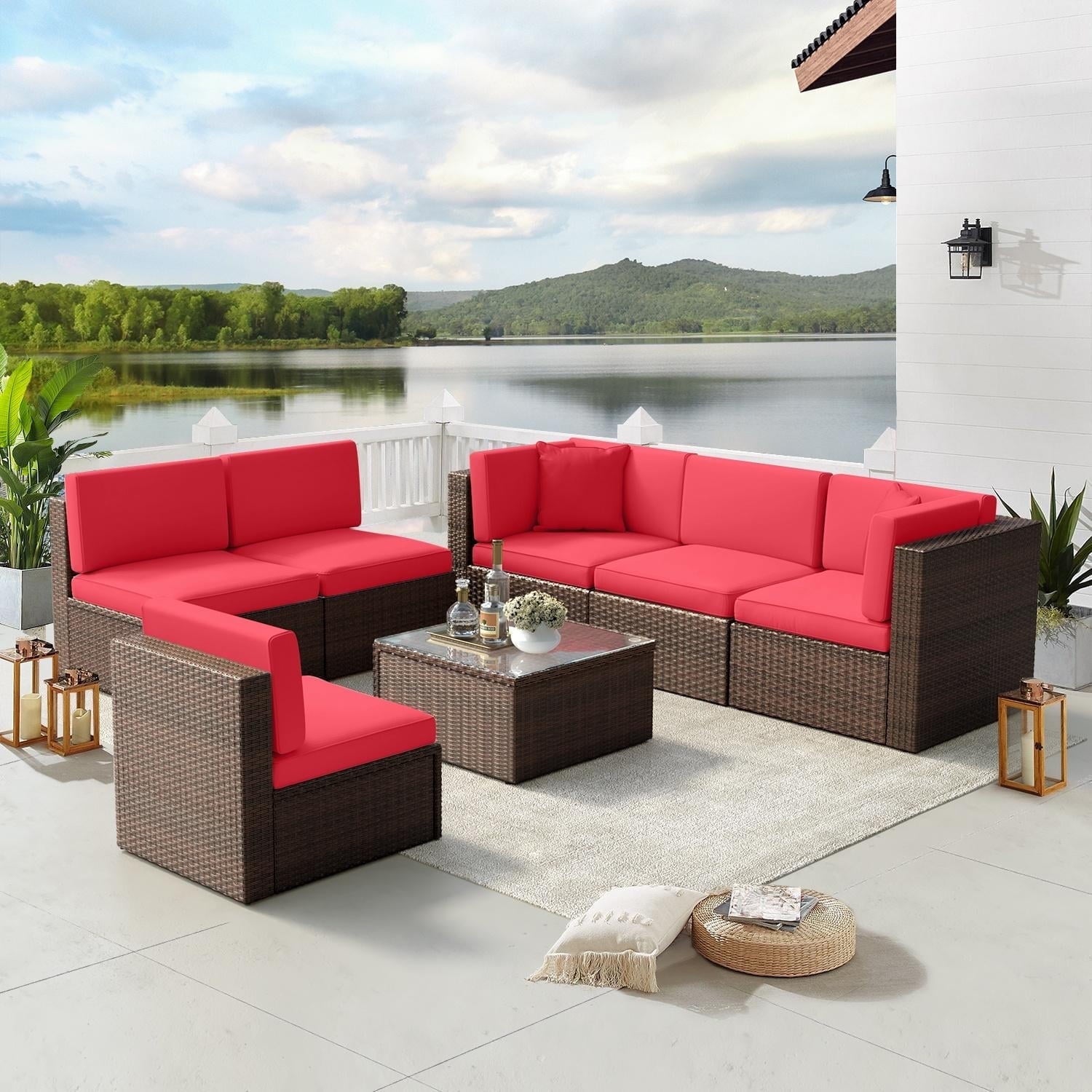 7 Piece Patio Furniture Set, Outdoor Patio Furniture Sets, Wicker Patio Furniture, Outdoor Conversation Set with Red Cushions