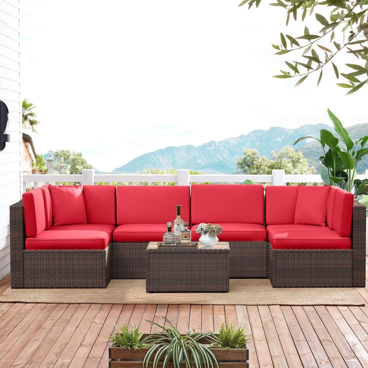 7 Piece Patio Furniture Set, Outdoor Patio Furniture Sets, Wicker Patio Furniture, Outdoor Conversation Set with Red Cushions