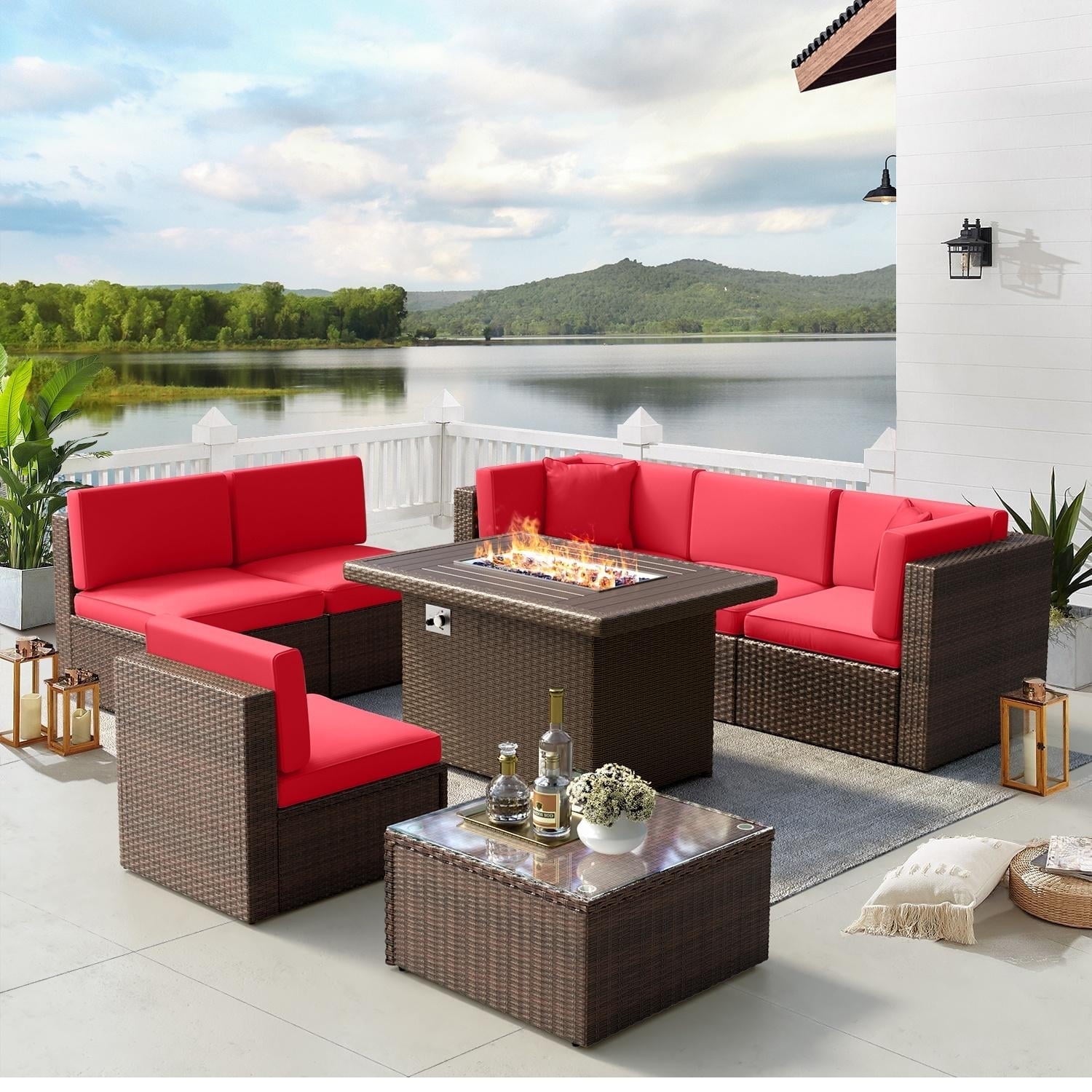 8 Piece Patio Furniture Set, Outdoor Patio Furniture Sets with Fire Pit, Wicker Patio Furniture, Outdoor Conversation Set with Red Cushions