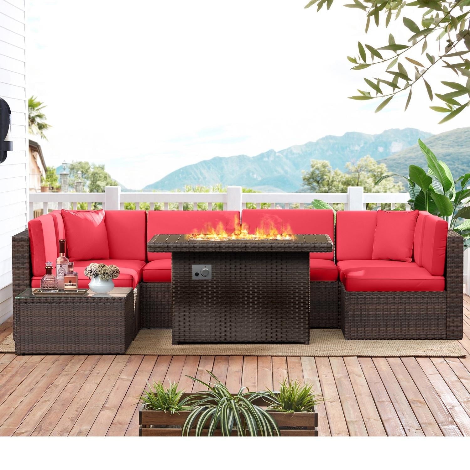 8 Piece Patio Furniture Set, Outdoor Patio Furniture Sets with Fire Pit, Wicker Patio Furniture, Outdoor Conversation Set with Red Cushions