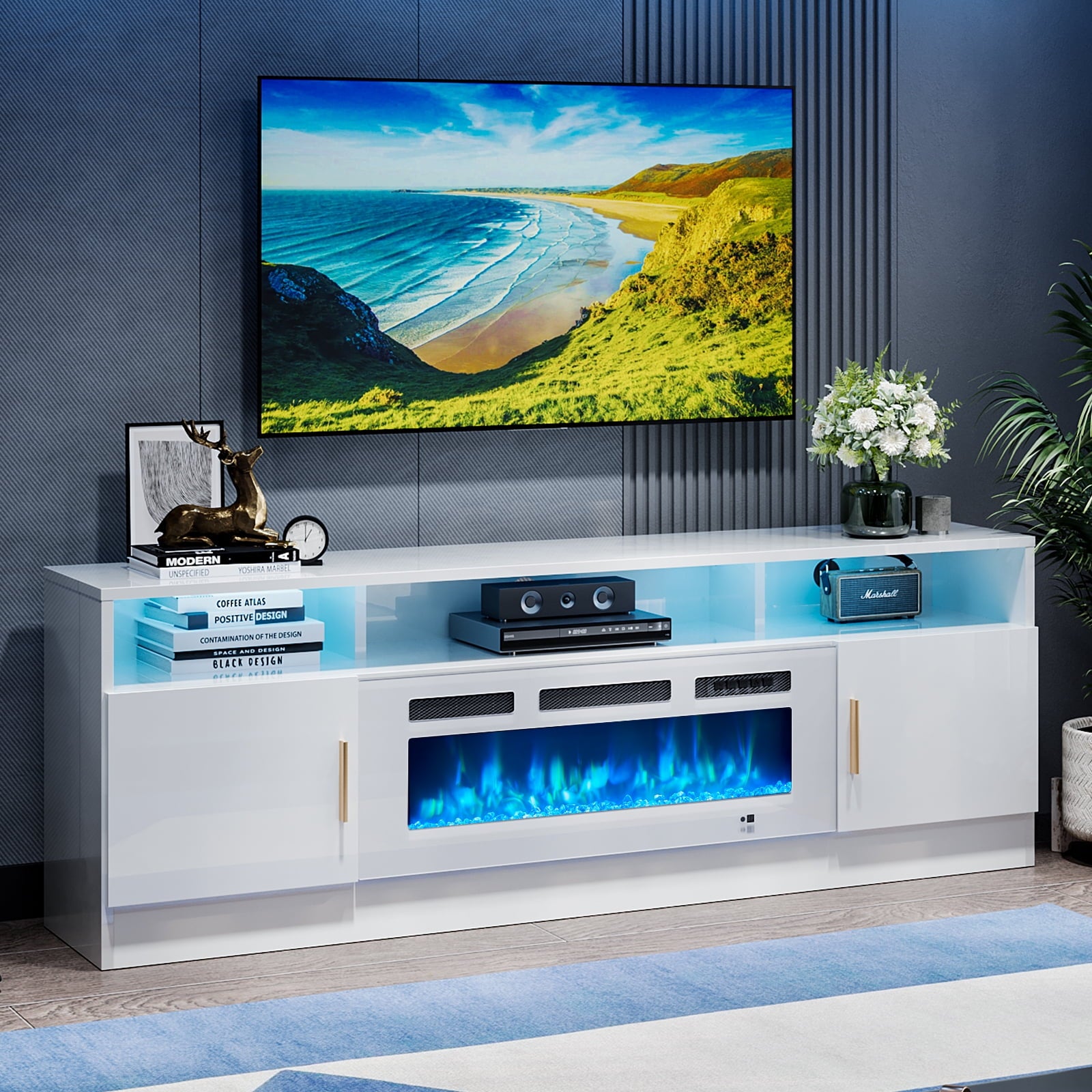 Modern Fireplace TV Stand for TVs up to 80'' with 12 LED Colors, 70'' Media Entertainment Center Console Table with Electric Fireplace, White