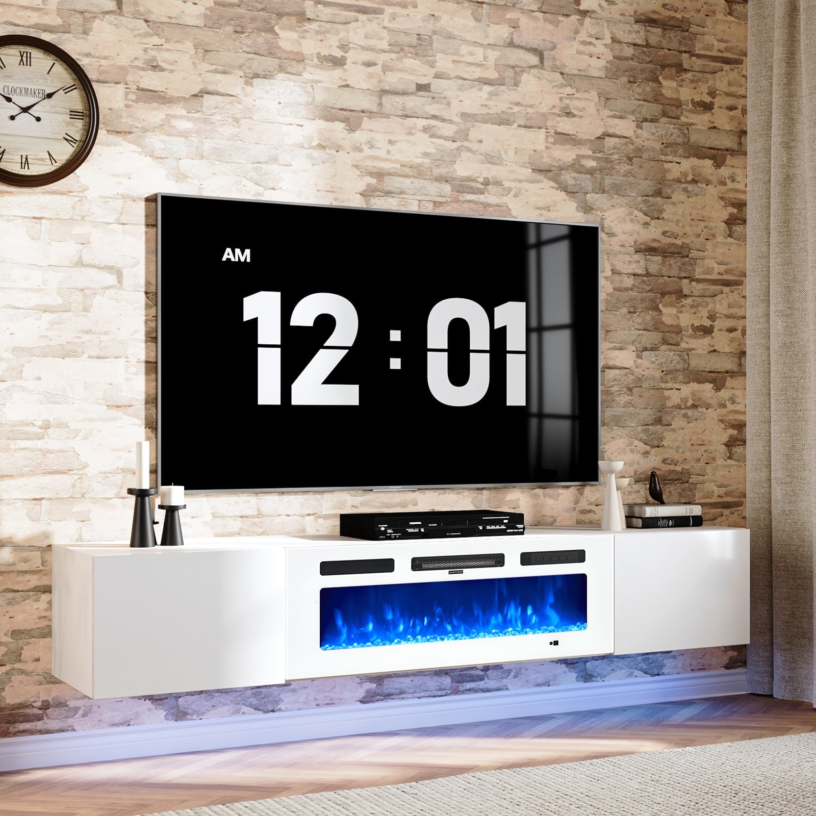 Floating TV Stand with 36" Electric Fireplace, Wall Mounted Fireplace Entertainment Center with Storage for TVs Up to 80", Adjustable Partition, Black/White (All White)