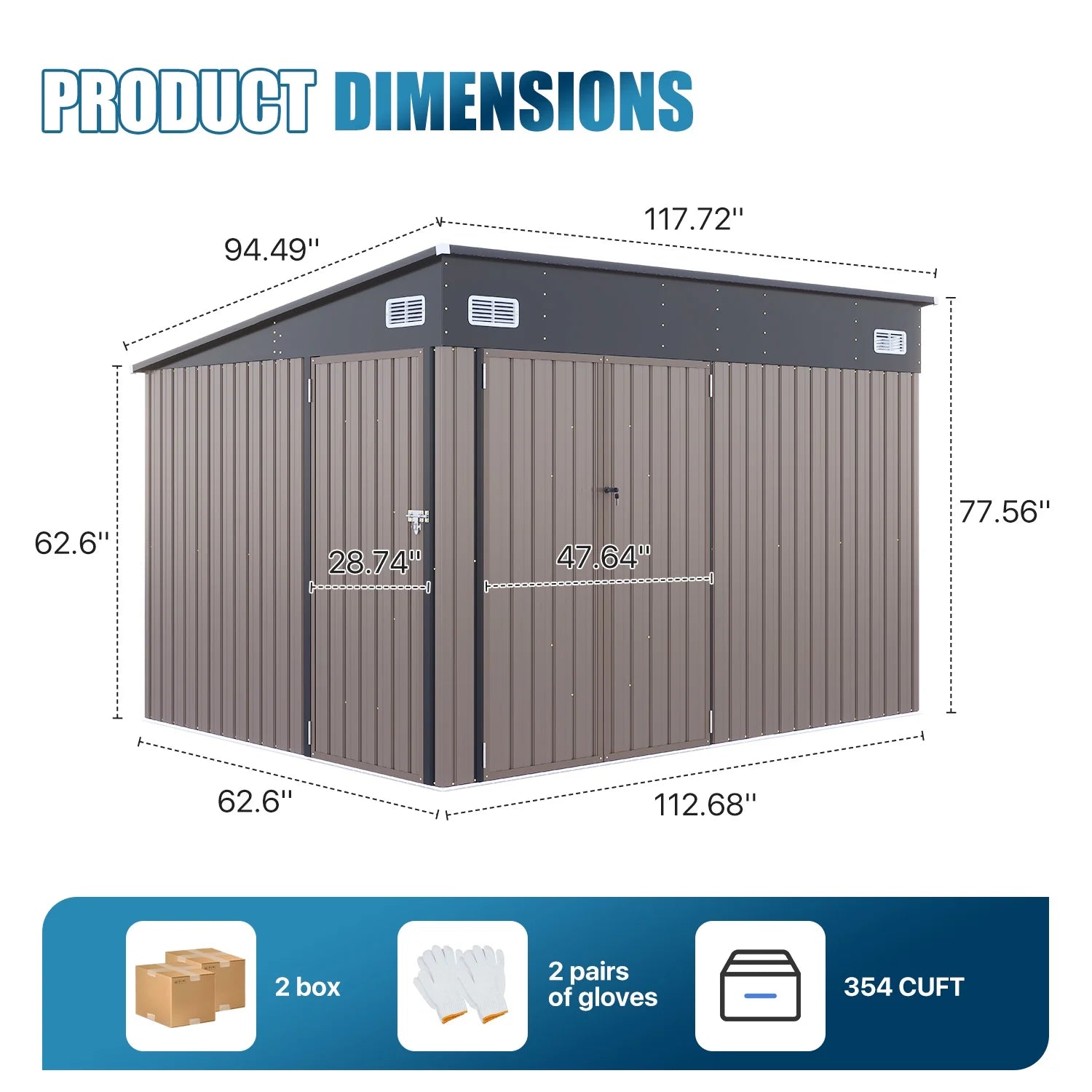 Sunmthink 10' x 8' Metal Storage Shed with Triple Doors, Lockable Lean-to Design & Vents, Brown