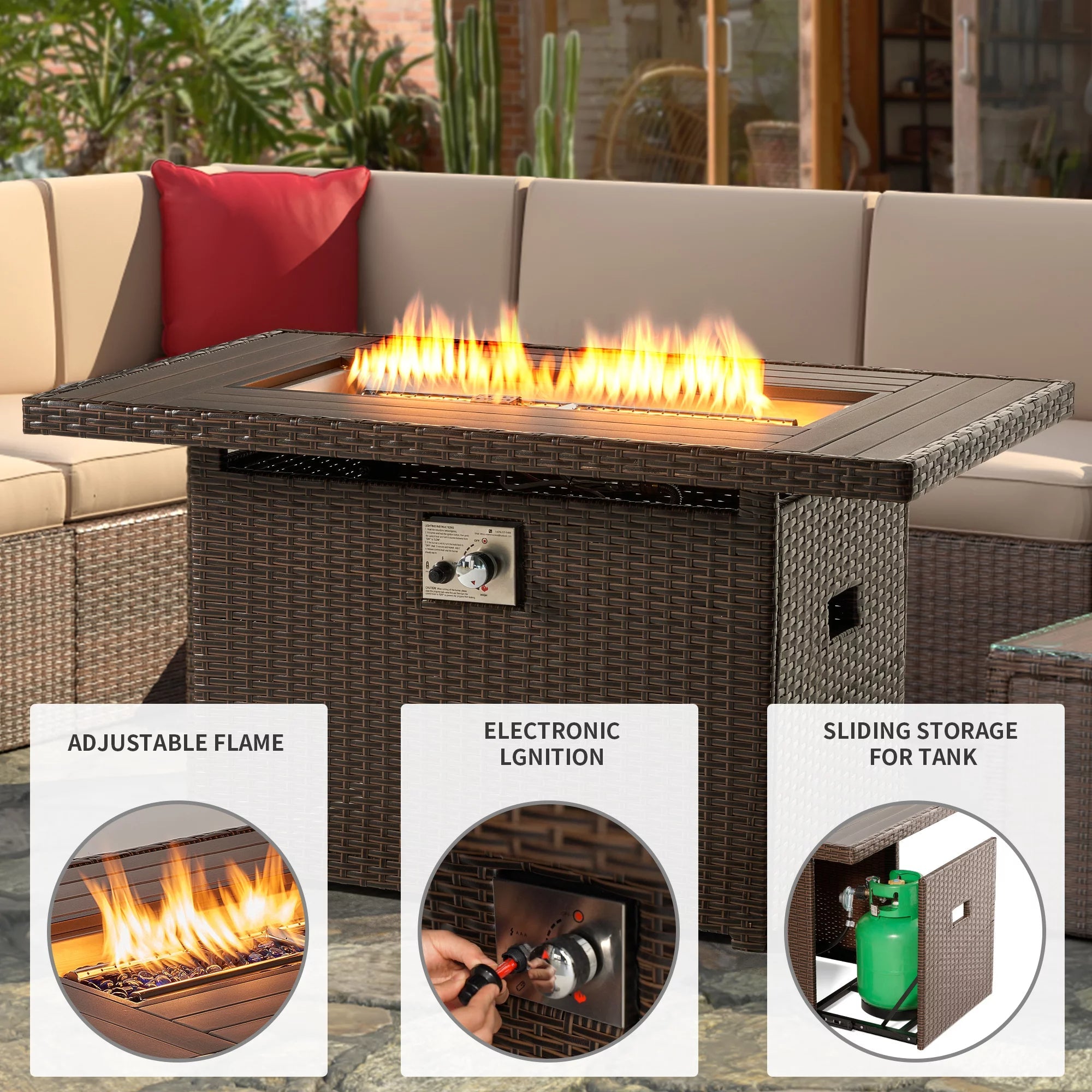 15-Piece Patio Furniture Set with Propane Fire Pit Table Wicker Outdoor Conversation Set, Brown