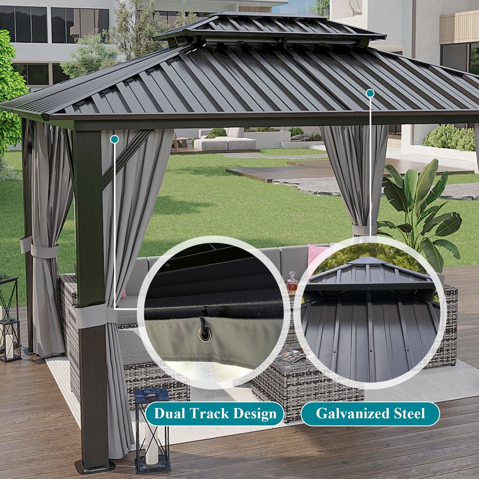 10'x12' Hardtop Gazebo, Outdoor Steel Double Roof Canopy, Aluminum Frame Permanent Pavilion with Curtains and Netting, Sunshade for Garden, Patio, Lawns, Black