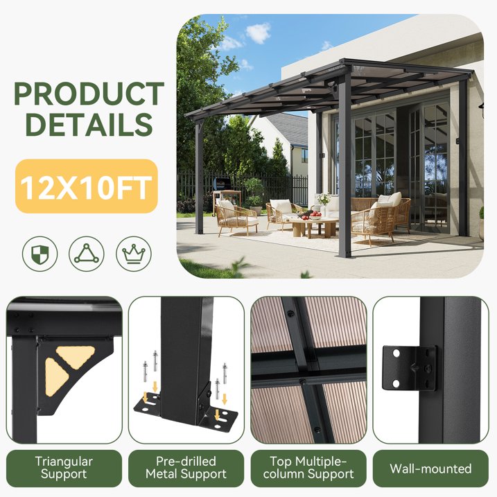 AOXUN 12' x 10' Hardtop Gazebo Outdoor Aluminum Pergola For Garden, Patio, Backyard-Gray