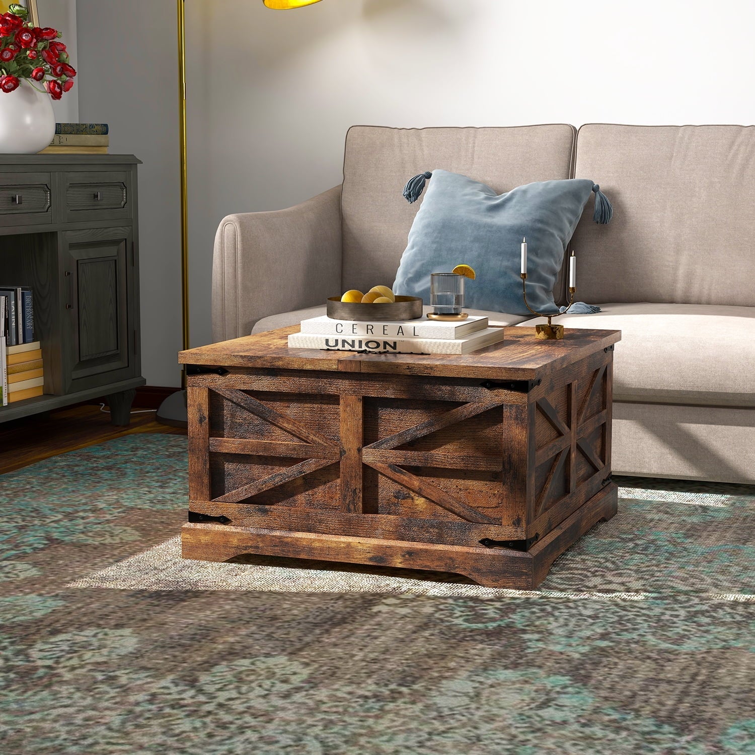 Farmhouse Coffee Table, Square Wood Center Table with Large Storage Space, Metal Corners for Living Room, Brown