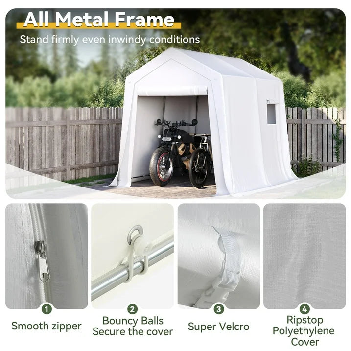 Aoxun 6x8 FT Portable Carport Shed, Waterproof Outdoor Storage Tent with Zipper Door for Garden Tools, Bicycle, Motorcycle, Generator Cover, White