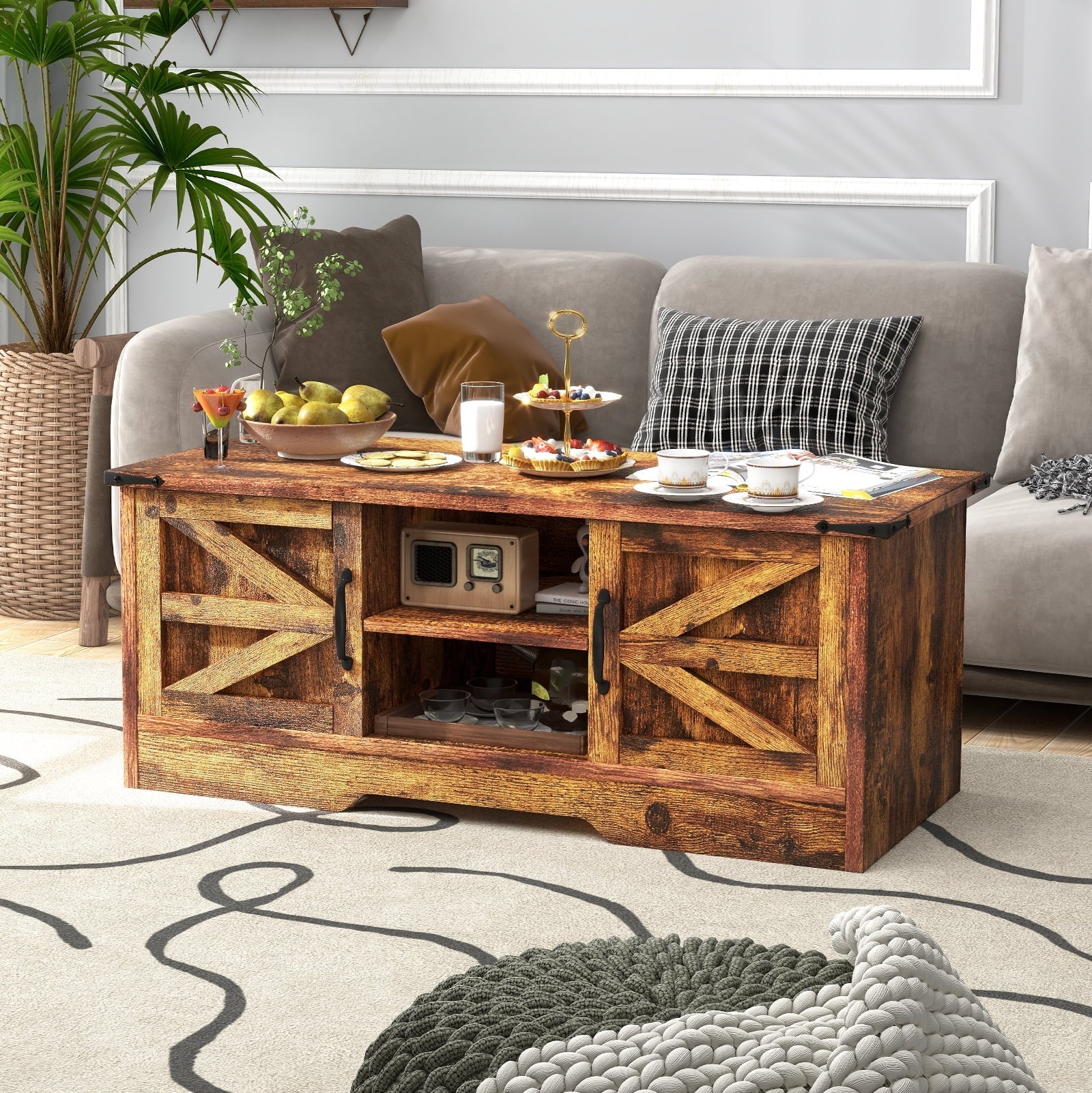 Coffee Table, Farmhouse & Industrial Center Table with Storage, Rustic Style Wooden Living Room Table, Brown