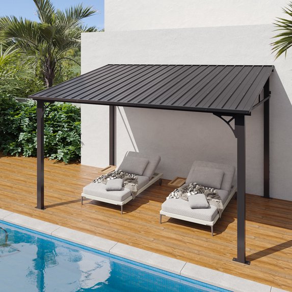 AOXUN 10x12 FT Hardtop Gazebo Outdoor Aluminum Pergola, Large Wall-Mounted Heavy-Duty Awning, Sunshade Gazebo with Sloped Roof, Suitable for Gardens, Patios, Backyards - Black