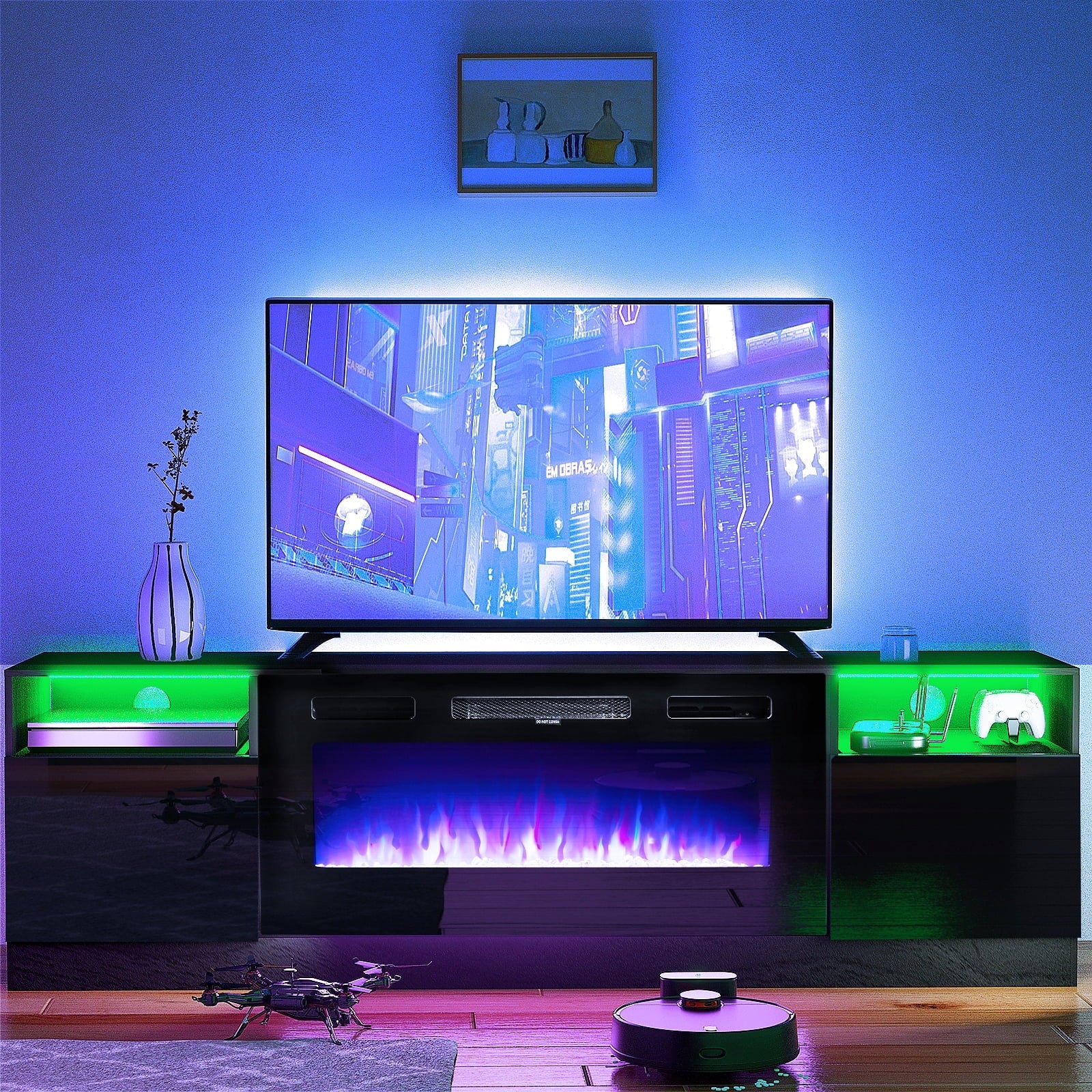 Fireplace TV Stand for TVs up to 80", TV Stand with 36'' Electric Fireplace, LED Lights Entertainment Center, TV Console, Black