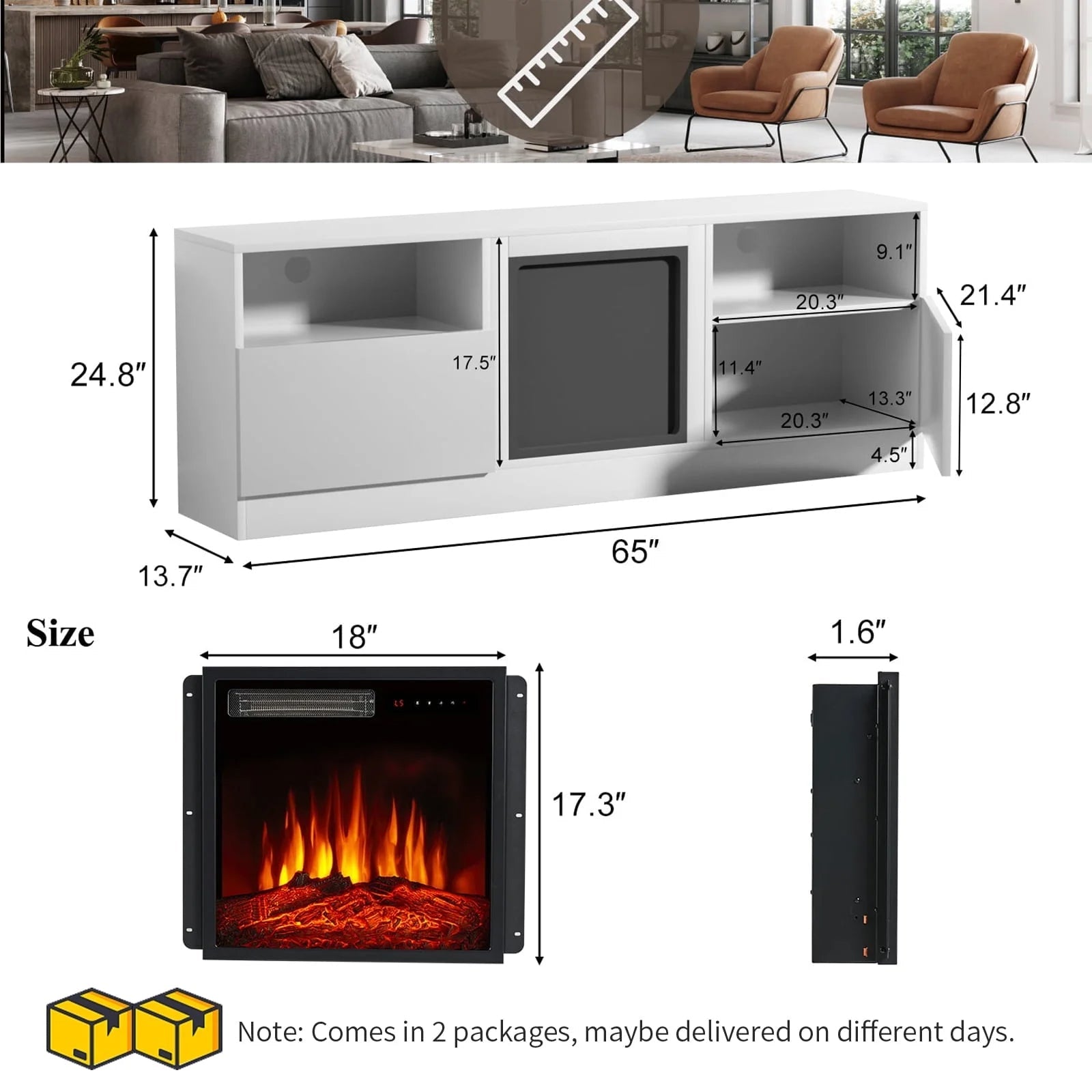 TV Stand with Fireplace for TVs up to 75", TV Stand for Living Room, White