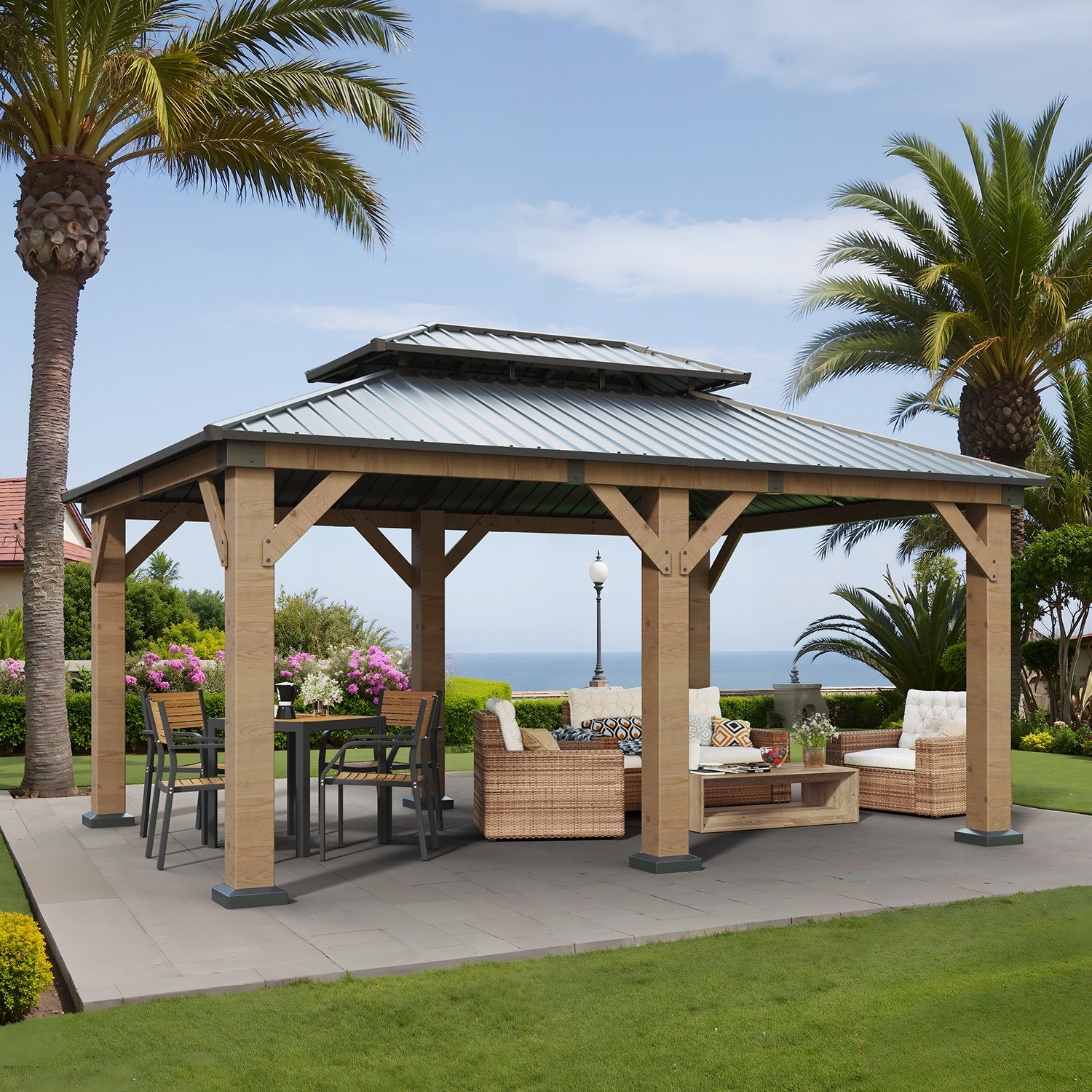 Clouddwell 12*16FT Upgraded Cedar Gazebo,Cedar Hard Roof Gazebo,with Double-Layer Galvanized Steel Roof,Suitable for Backyard,Desk,and Lawn.