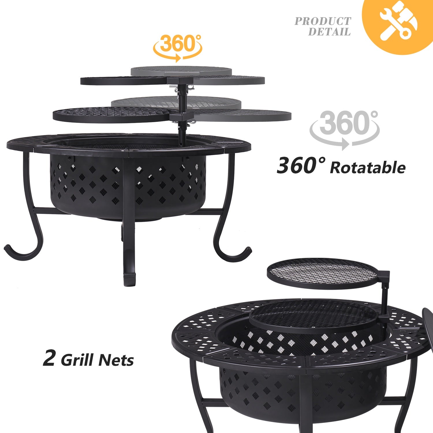 36"Metal Fire Pit with 2 Removable Cooking Swivel BBQ, Poker for Backyard, Garden