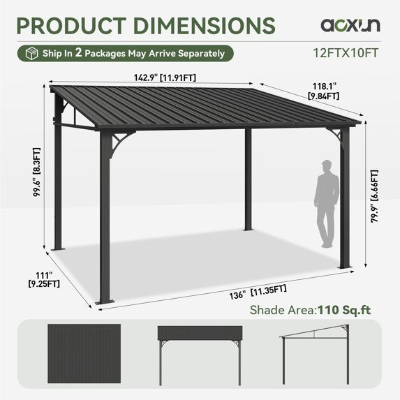AOXUN 10x12 FT Hardtop Gazebo Outdoor Aluminum Pergola, Large Wall-Mounted Heavy-Duty Awning, Sunshade Gazebo with Sloped Roof, Suitable for Gardens, Patios, Backyards - Black